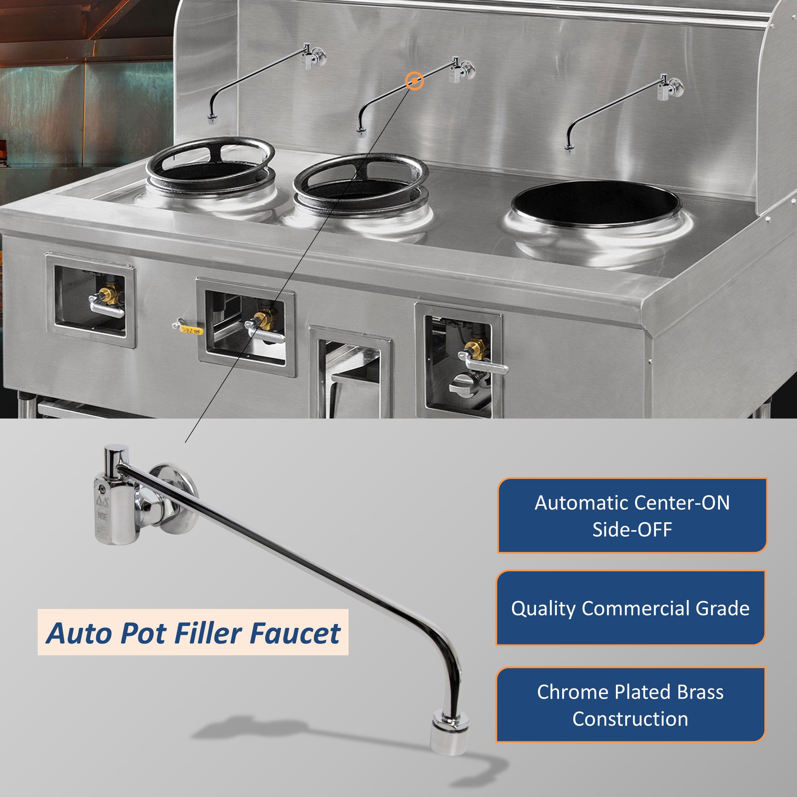 AA Faucet Single Wall Mount Wok Range Automatic No Lead Faucet with 17" Spout and 3/8" Male Inlet