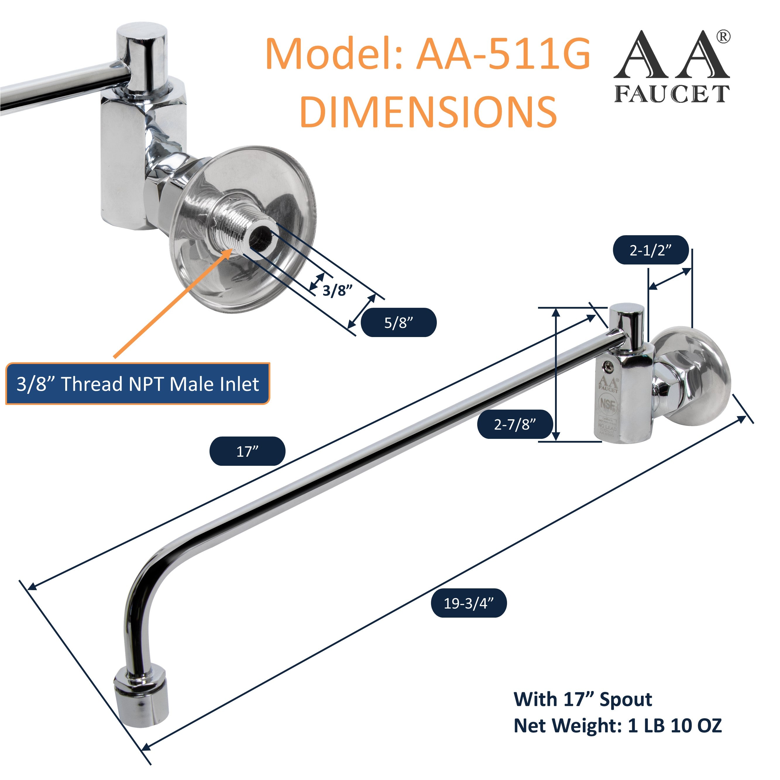 AA Faucet Single Wall Mount Wok Range Automatic No Lead Faucet with 17" Spout and 3/8" Male Inlet