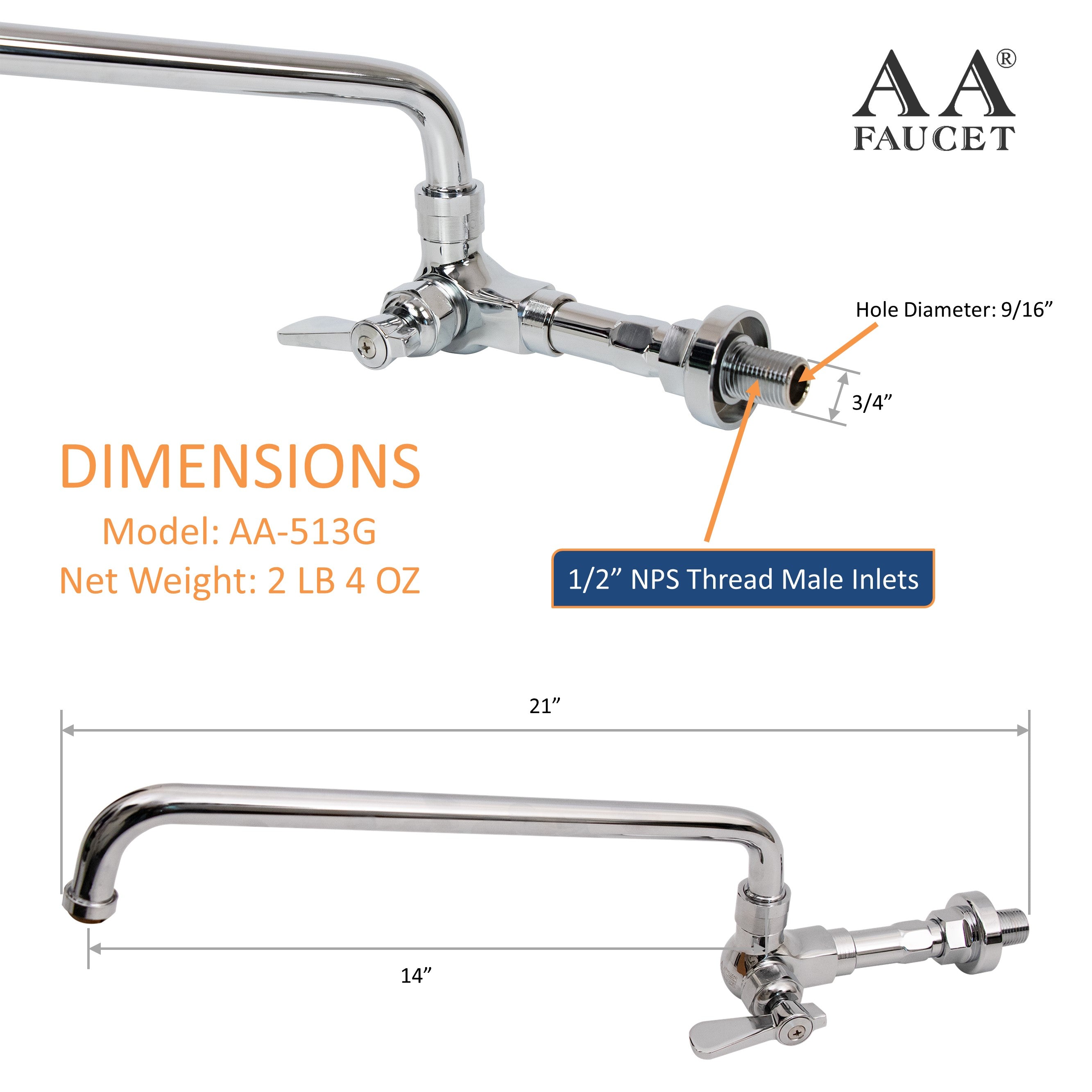 AA Faucet Single Wall Mount Commercial Wok Range Manual Pot Filler Faucet with 14" Swing Spout, Brass Construction Chrome Polished for Restaurant Kitchen NSF Approved