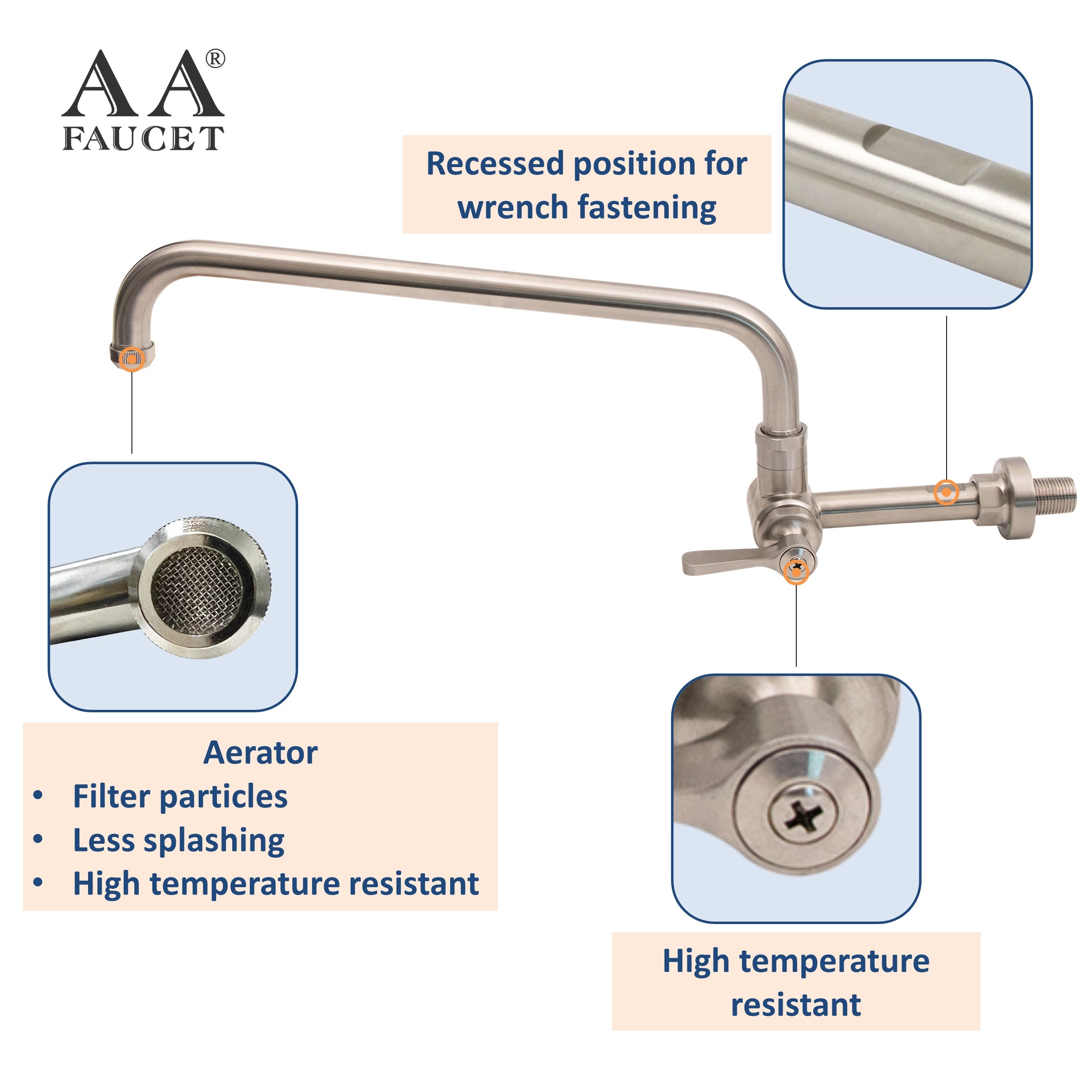 AA Faucet Single Wall Mount Commercial Wok Range Manual Pot Filling Faucet with 14" Swing Spout, All Stainless Steel Construction for Restaurant Kitchen NSF Approved