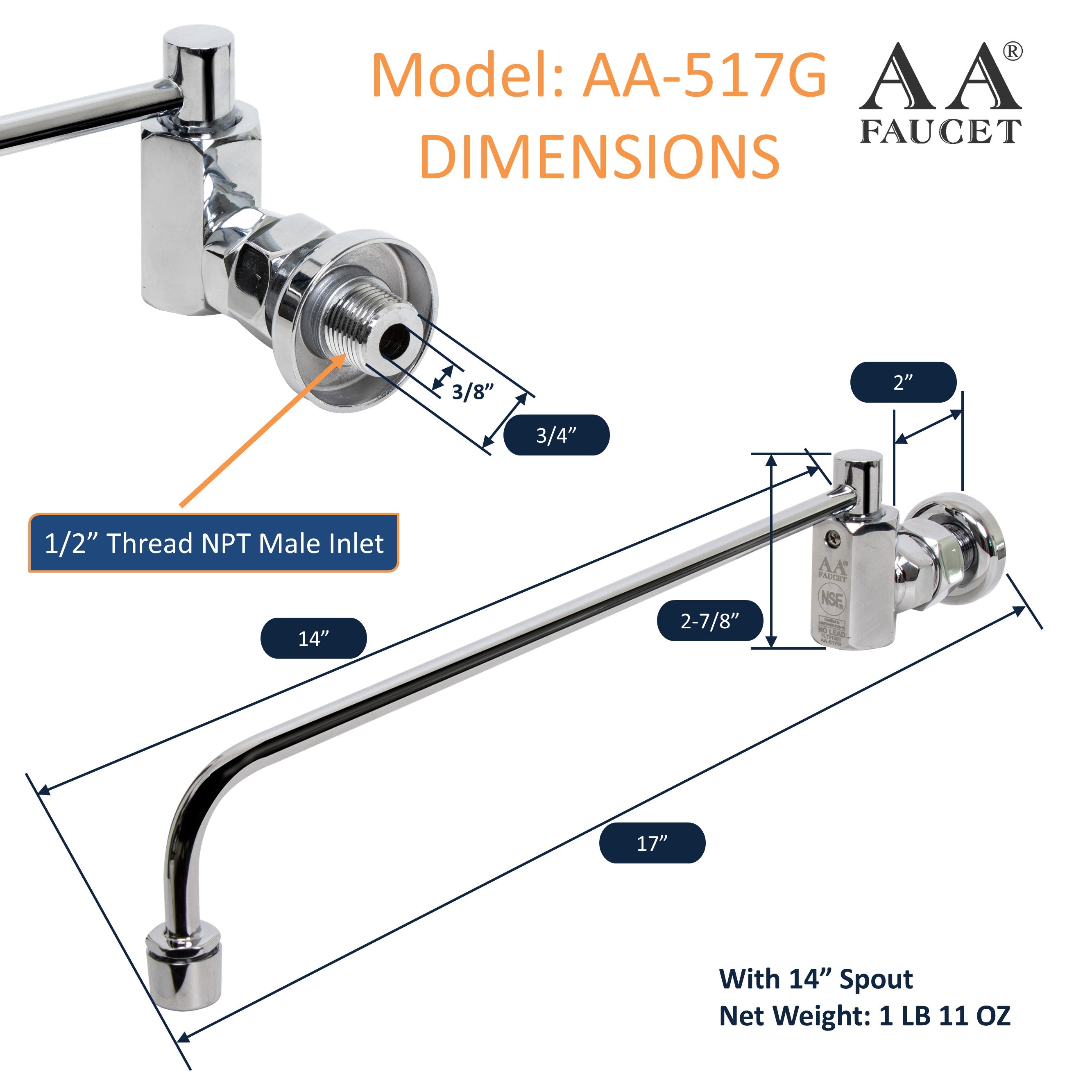 AA Faucet AA-517G Wok Range Automatic No Lead Faucet with 14" Spout & 1/2" Male Inlet