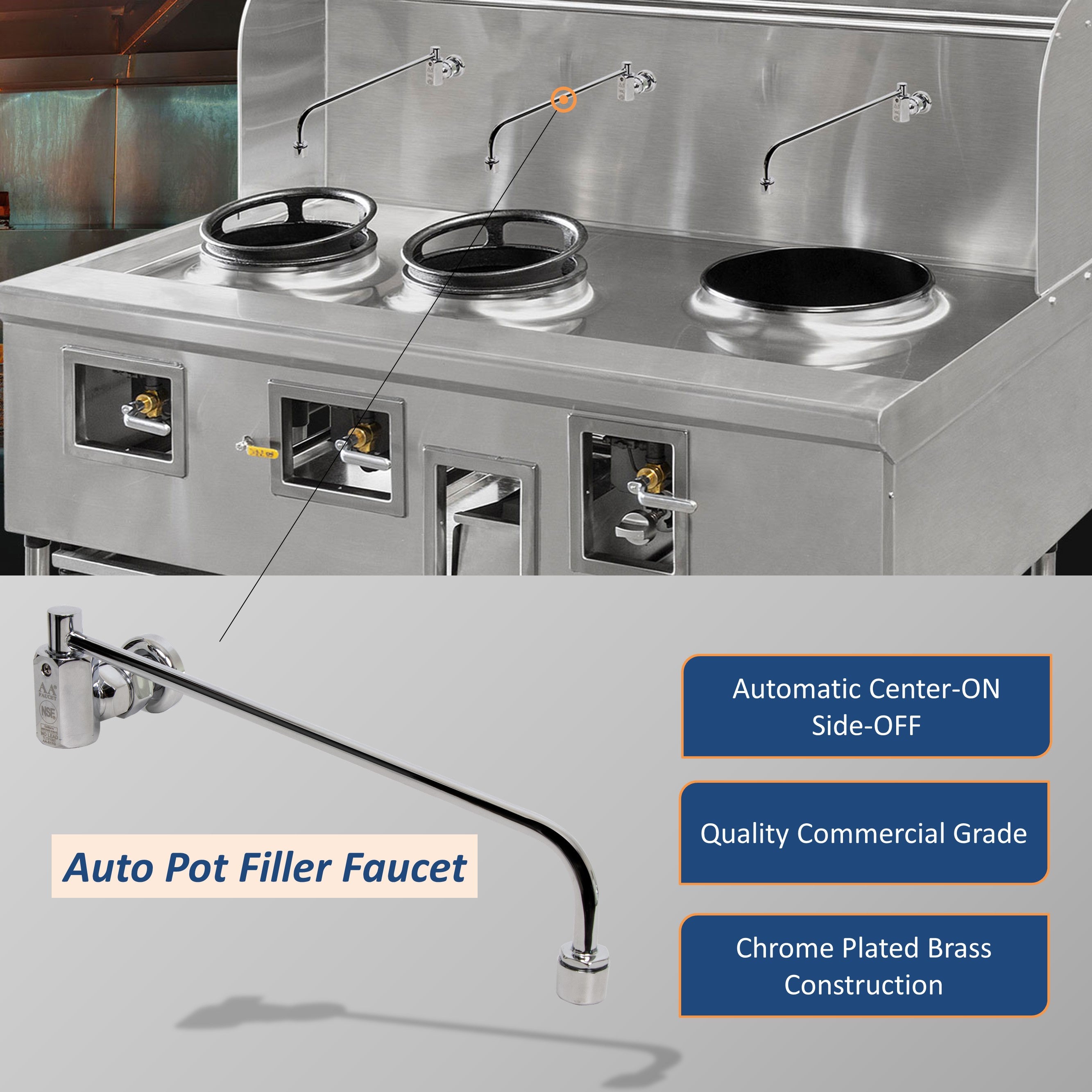 AA Faucet AA-517G Wok Range Automatic No Lead Faucet with 14" Spout & 1/2" Male Inlet