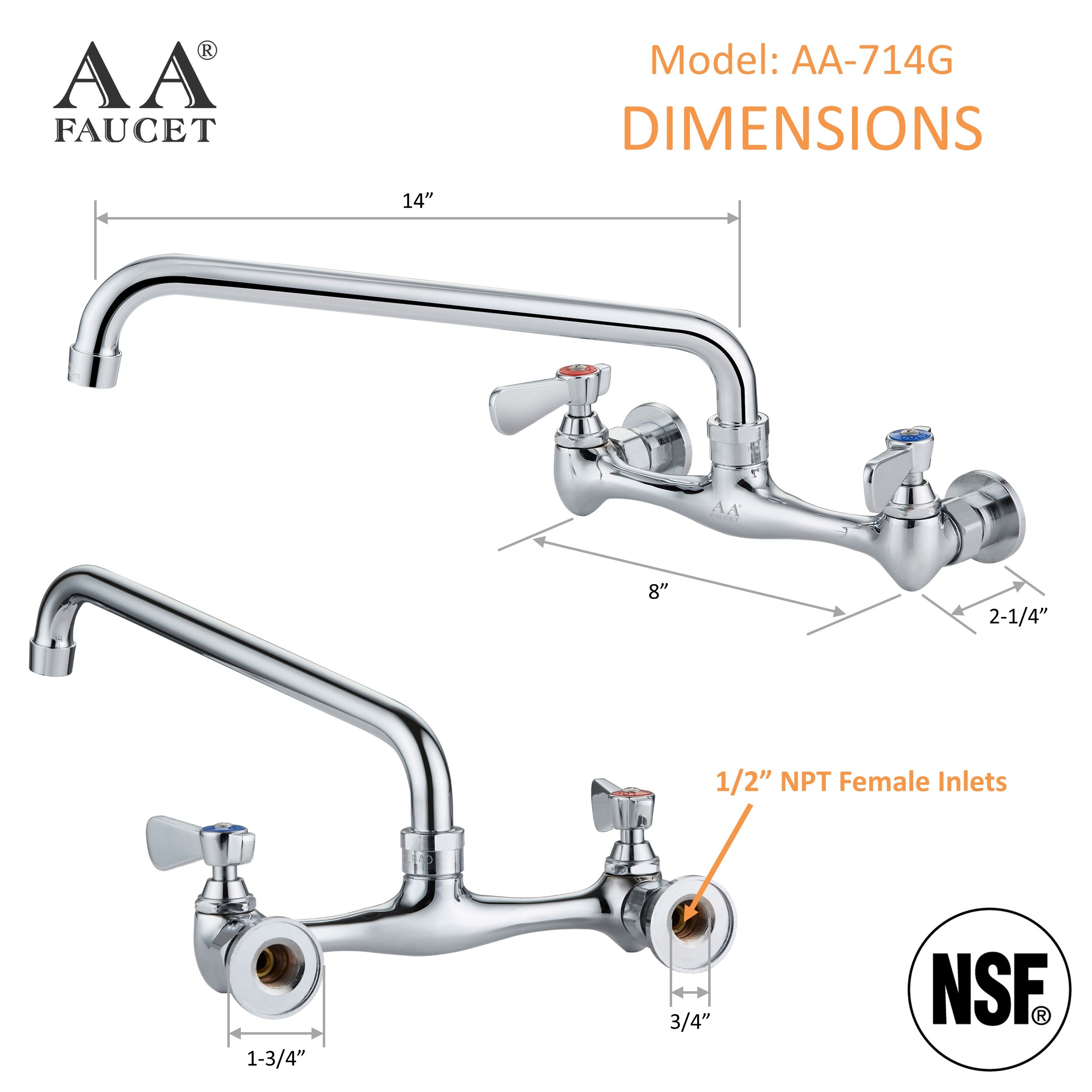 AA Faucet NSF Wall Mount Commercial Duty No Lead Faucet with Swivel Spout