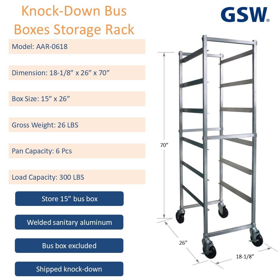 GSW AAR-0618 Welded Sanitary Aluminum Knock Down Bus Boxes Storage Rack, holds 6 Pans, 18-1/8” x 26” x 70”