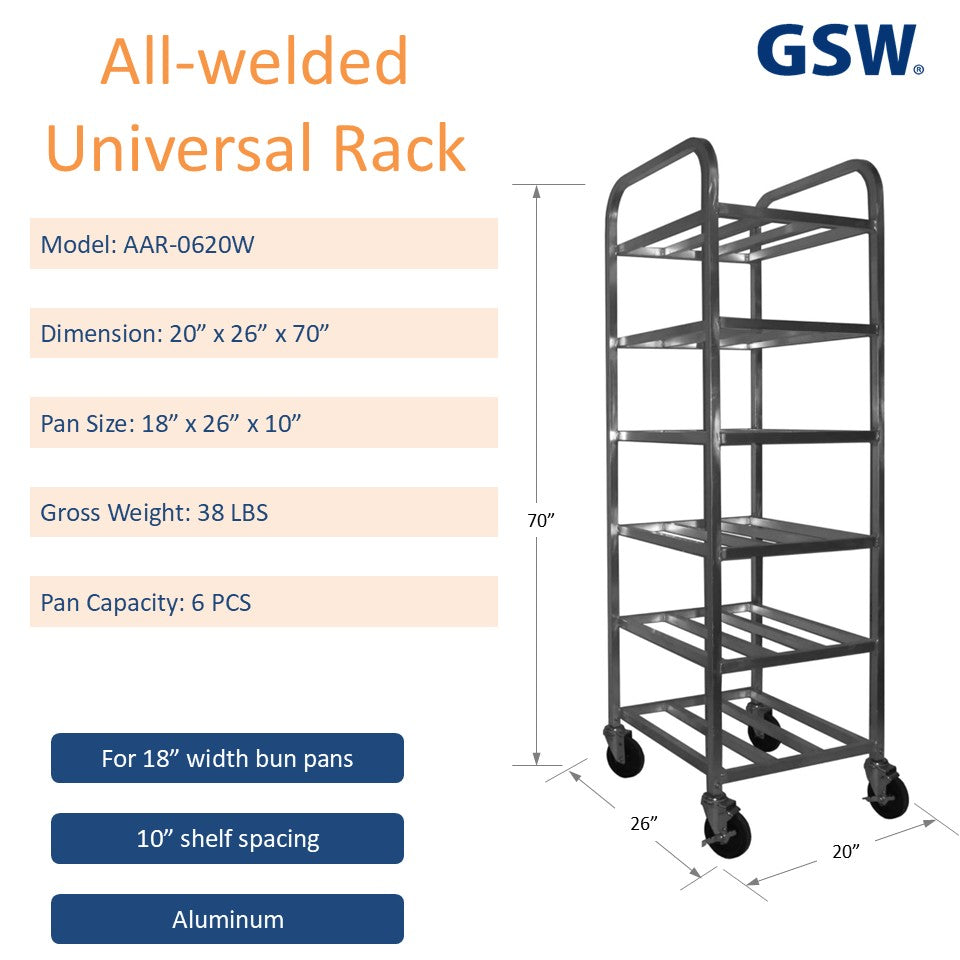 GSW AAR-0620W All Welded Aluminum Universal Rack Storage holds 6 Pans Capacity with 10” Shelf Spacing, for Commercial Kitchen, 20” x 26” x 70”