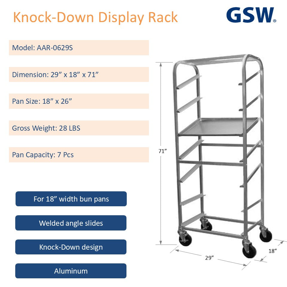 GSW AAR-0629S Aluminum Knock Down Display Rack, holds 7 pans, for Commercial Kitchen, 29” x 18” x 71”