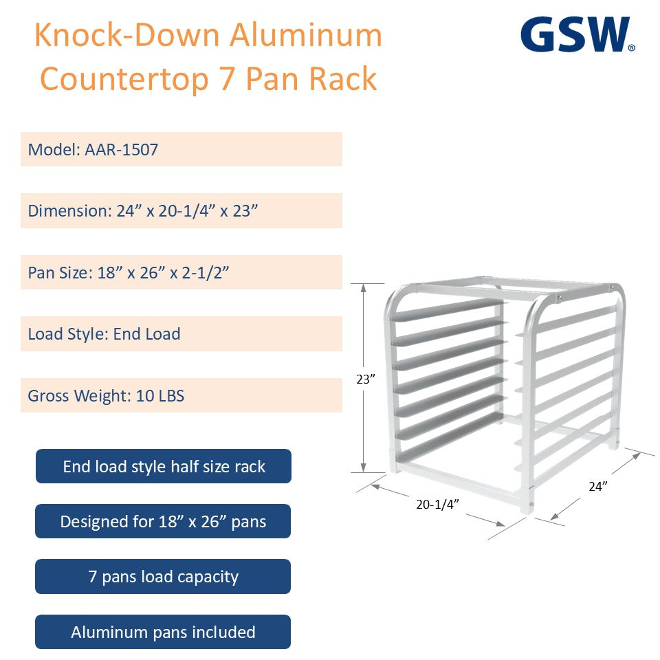 GSW AAR-1507 Knock Down Aluminum Half Size Countertop 7 Pan Rack, for 18” x 26” pans, for Commercial Kitchen, 24” x 20-1/4” x 23”