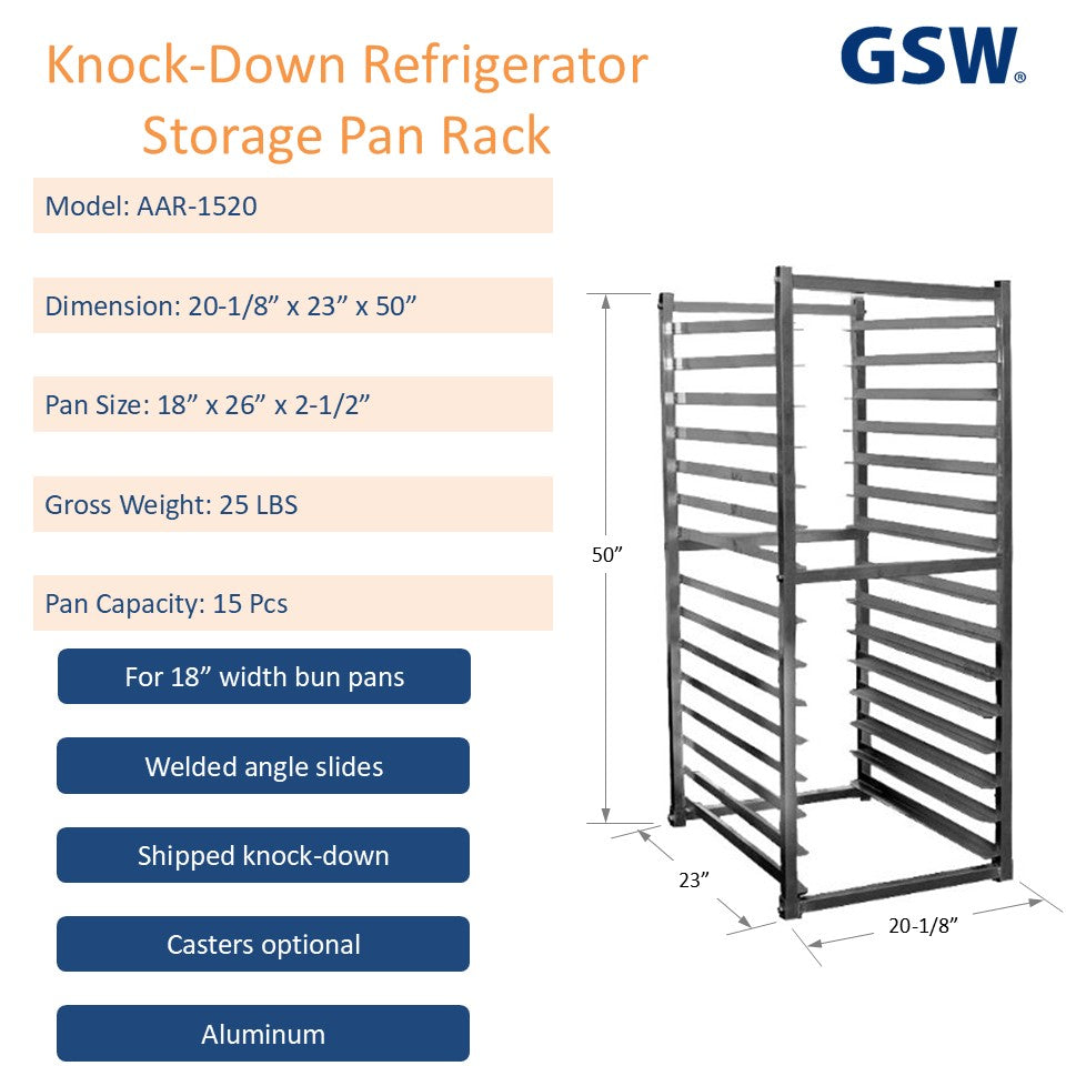 GSW AAR-1520 Knock Down Aluminum Refrigerator Storage Pan Rack, holds 15 Pans, for Commercial Kitchen, 20-1/8” x 23” x 50”