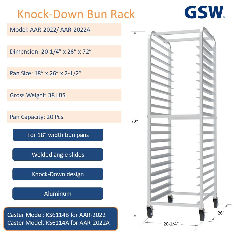 GSW AAR-2022 Aluminum Knock Down Bun Pan Rack, holds 20 Pans, for Commercial Kitchen, 20-1/4” x 26” x 72”