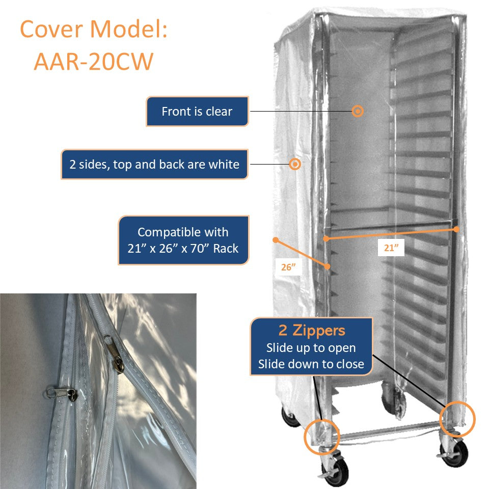 GSW AAR-20CW White Plastic Cover w/ Clear Front Bun Pan Rack Cover with 2 Zippers, for Commercial Kitchen Used for 21” x 26” x 70” Rack