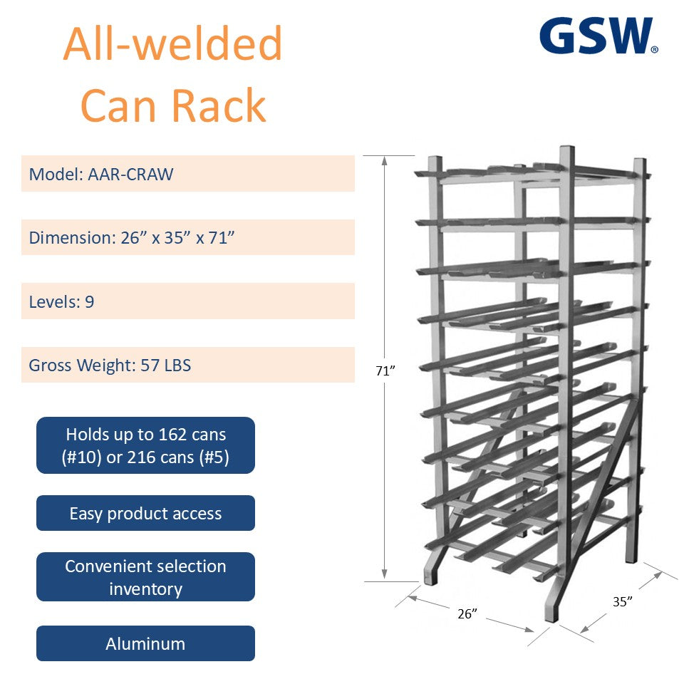 GSW AAR-CRAW All Welded Aluminum Can Rack Storage holds 162 Cans (#10) or 216 Cans (#5) for Commercial Kitchen, 26” x 35” x 71”