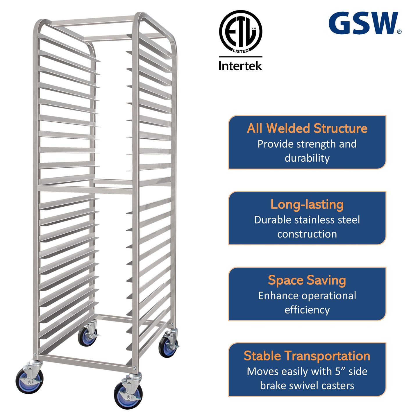 GSW ASR-2022W All Welded Stainless Steel Bun/Sheet Pan Rack Storage holds 20 Pans for Commercial Kitchen , 20-1/4” x 26” x 72”