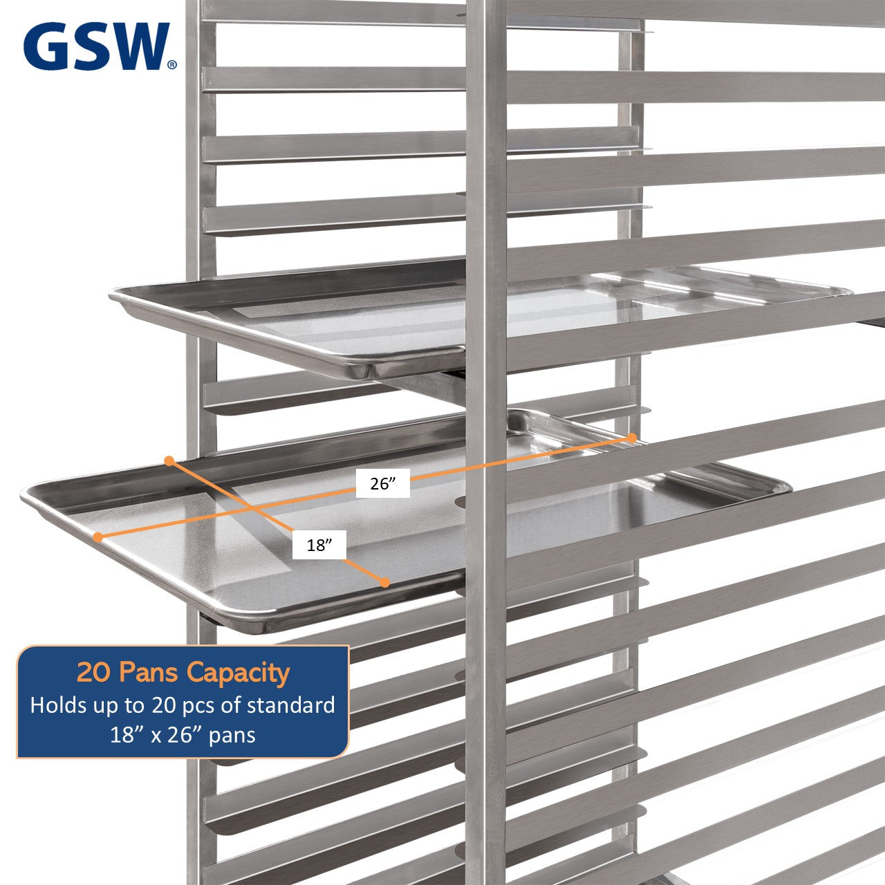 GSW ASR-2022W All Welded Stainless Steel Bun/Sheet Pan Rack Storage holds 20 Pans for Commercial Kitchen , 20-1/4” x 26” x 72”