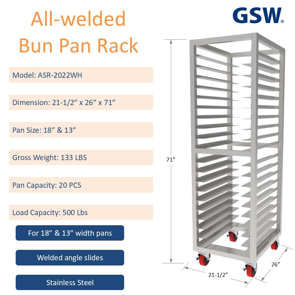 GSW ASR-2022WH All Welded Stainless Steel Bun/Sheet Pan Rack Storage holds 20 Pans for 18” x 13” width Pans for Commercial Kitchen, 21-1/2” x 26” x 71”