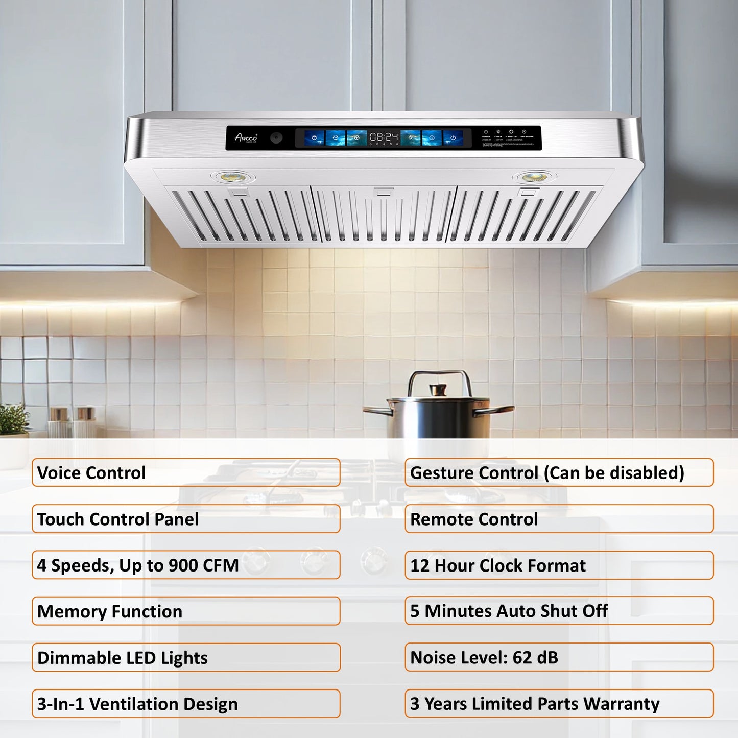 Awoco 30" Under Cabinet Range Hood with Voice, Gesture, Touch & Remote Control, 900 CFM Kitchen Hood with 4-Speed, Stainless Steel Stove Hood with 3 Kitchen Vents, LED Lights, Baffle Filters