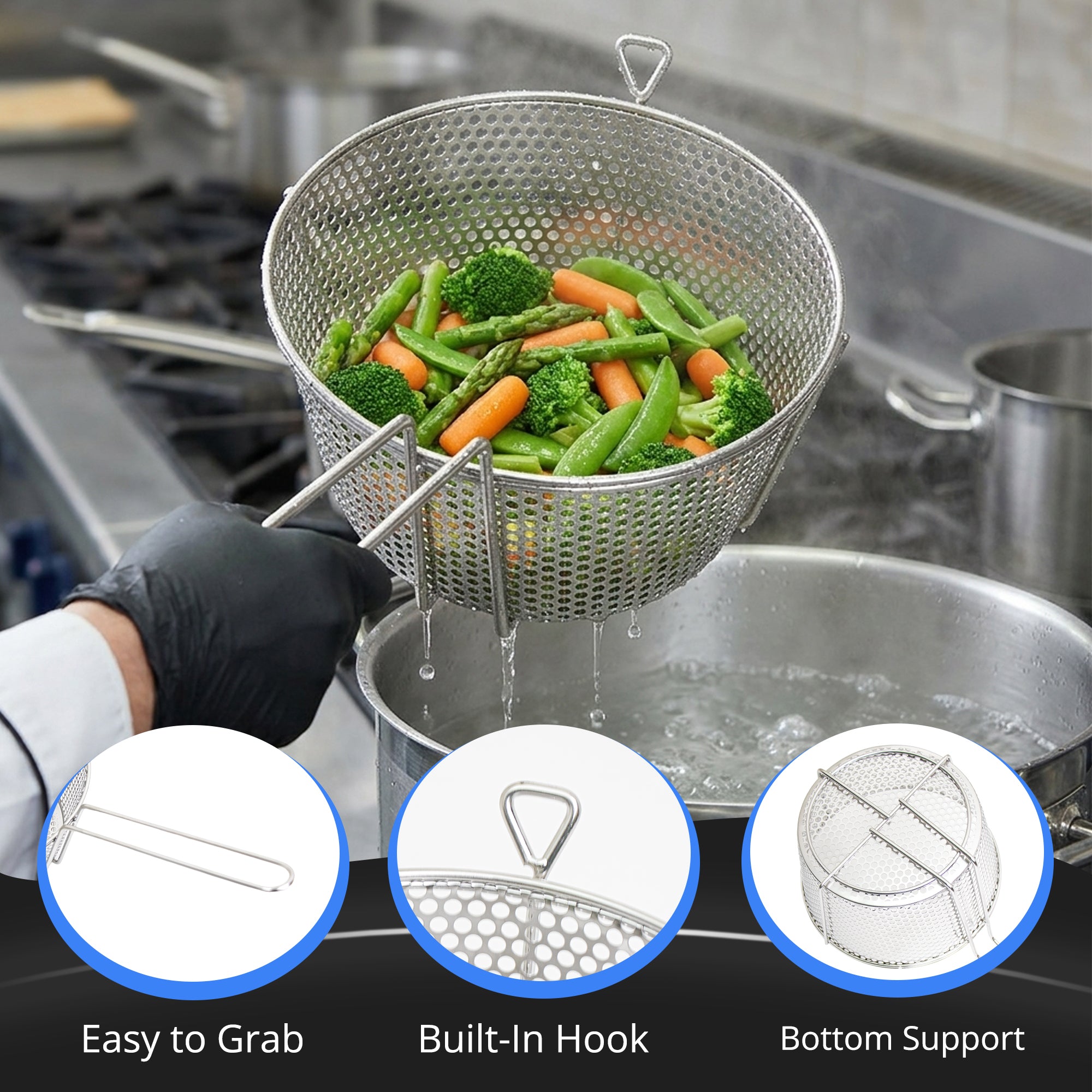 GSW STR-P09 Stainless Steel Round Vegetable Basket with A Hook (17”L x 9”W x 7”H)