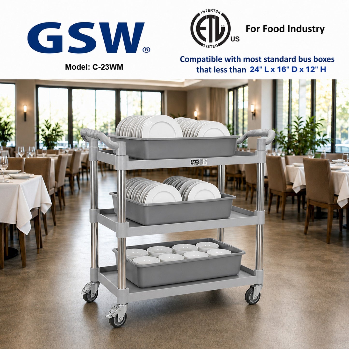 GSW Functional Plastic Utility Bus Cart (16-1/4"W x 33-1/4"L x 40"H)