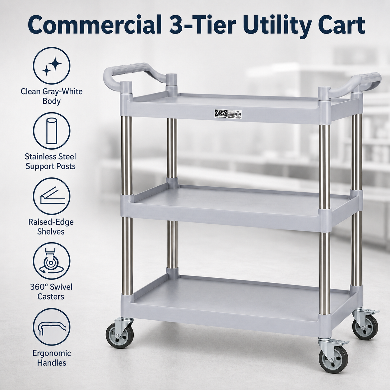 GSW Functional Plastic Utility Bus Cart (16-1/4"W x 33-1/4"L x 40"H)