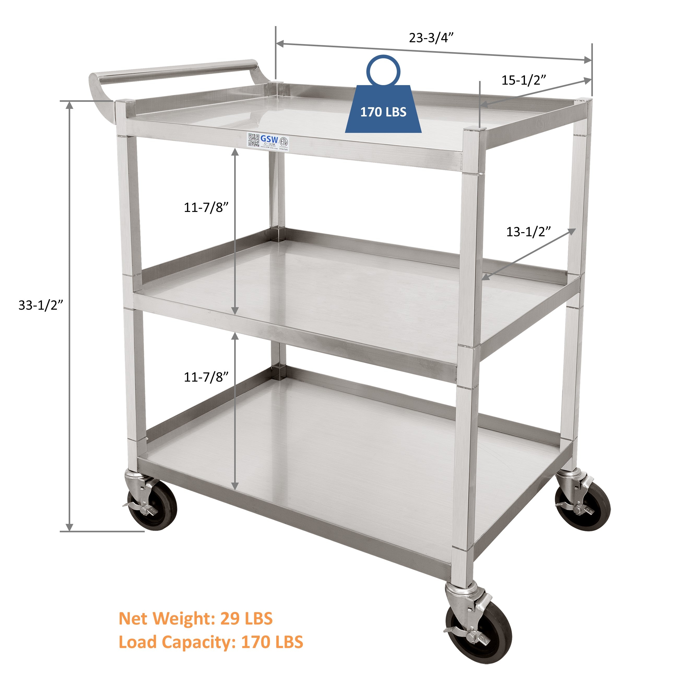 GSW C-31K Stainless Steel Solid 1-Inch Tubular Utility Cart with 4-3/4" Swivel Casters (26-1/2"W x 15-1/2"D x 35-1/2"H)