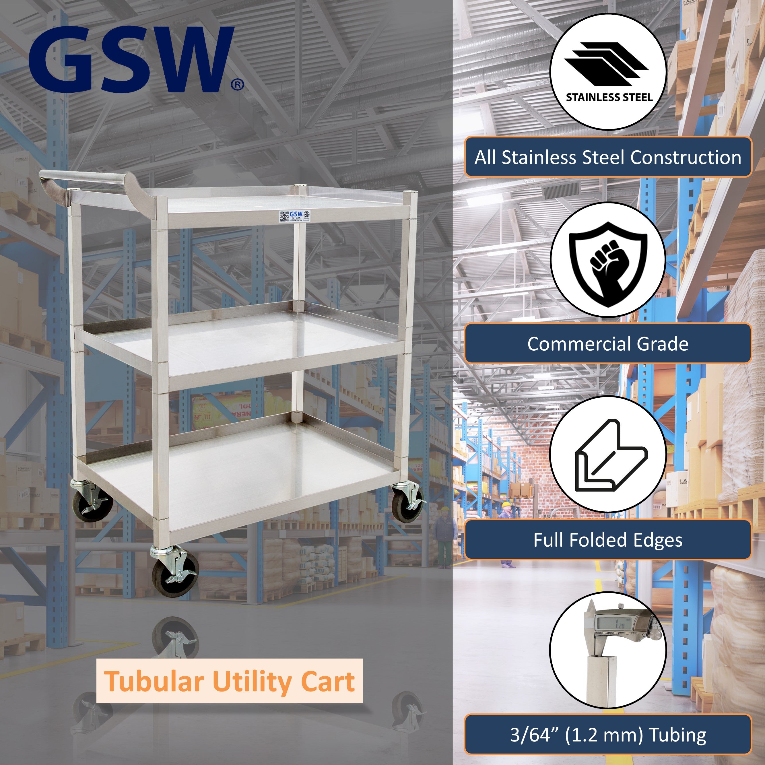 GSW C-31K Stainless Steel Solid 1-Inch Tubular Utility Cart with 4-3/4" Swivel Casters (26-1/2"W x 15-1/2"D x 35-1/2"H)
