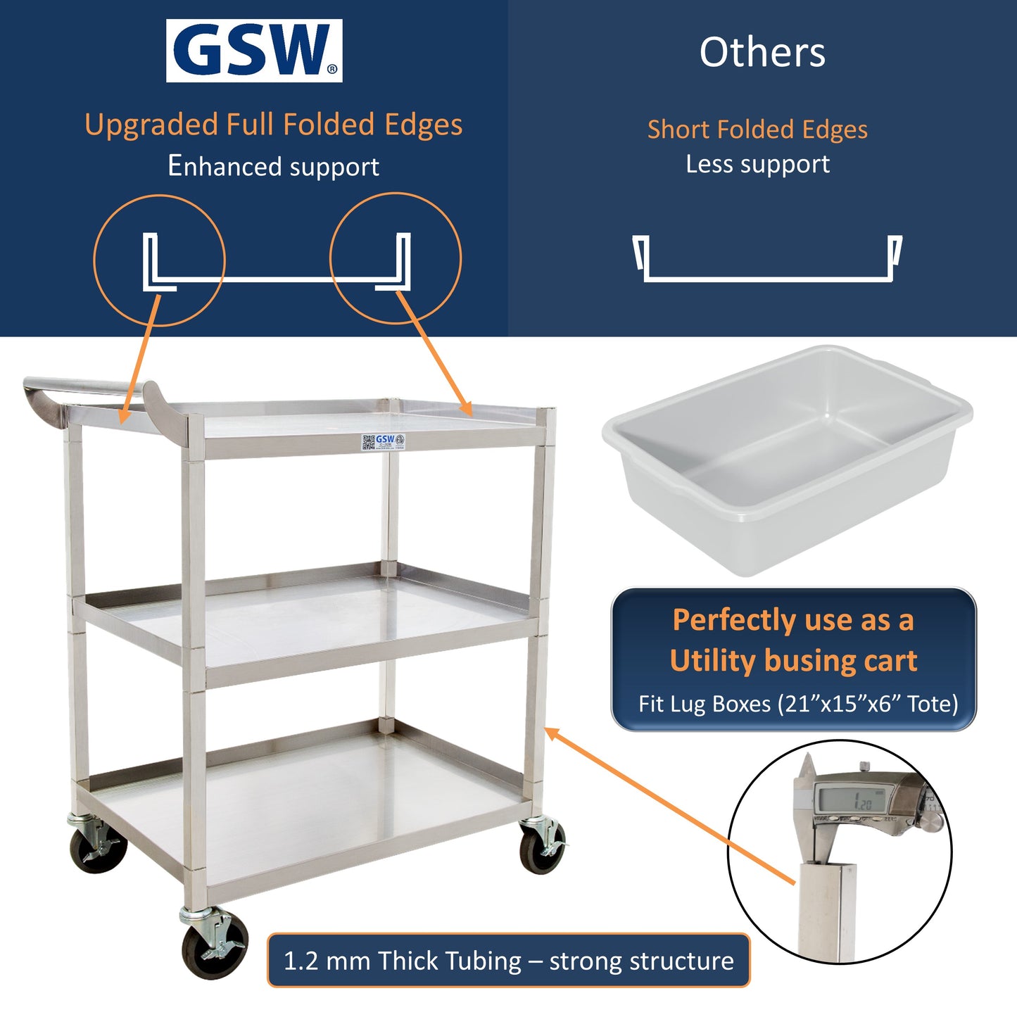 GSW C-31K Stainless Steel Solid 1-Inch Tubular Utility Cart with 4-3/4" Swivel Casters (26-1/2"W x 15-1/2"D x 35-1/2"H)