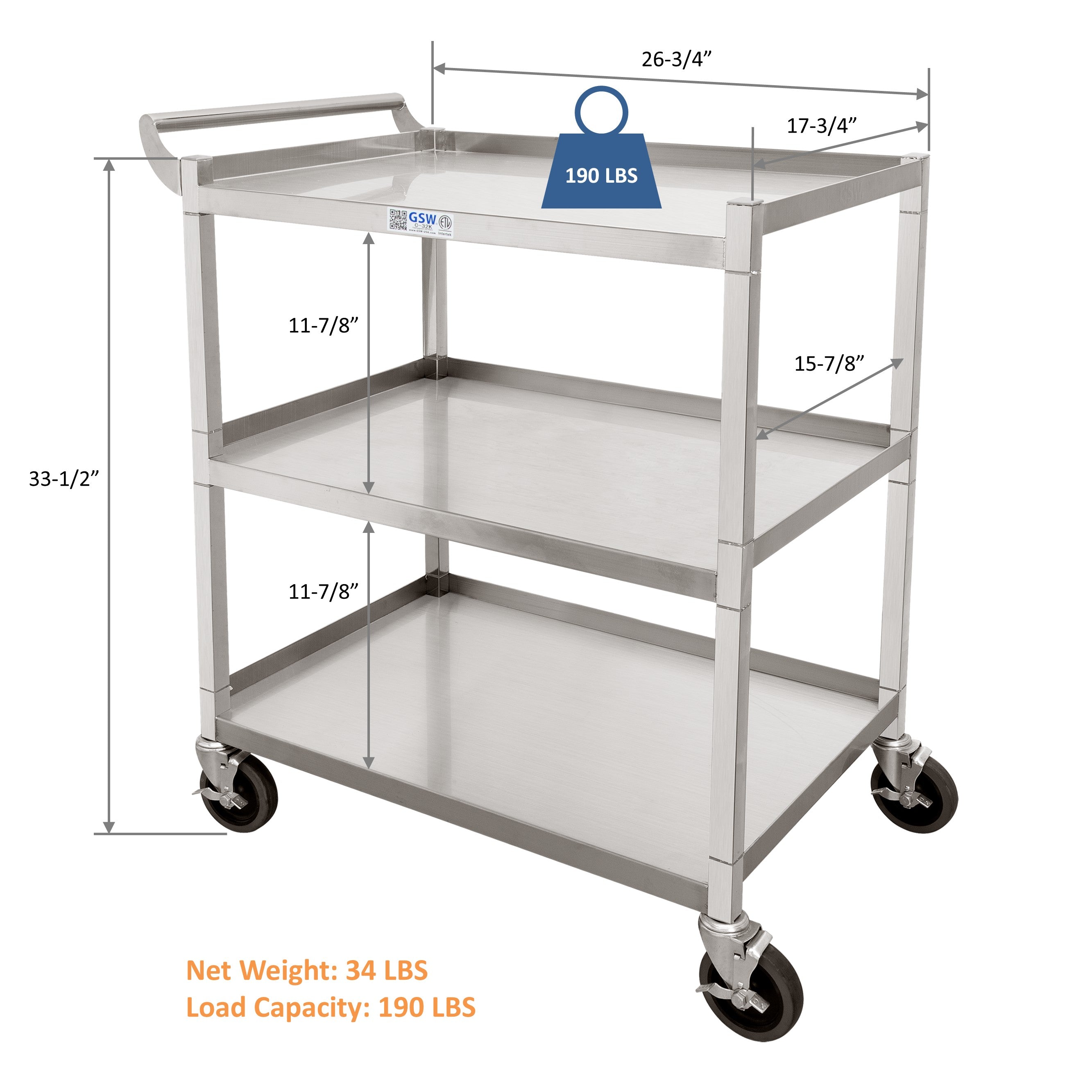 GSW C-32K Stainless Steel Solid 1-Inch Tubular Utility Cart with 4-3/4 Swivel Casters (29-1/4"W x 17-3/4"D x 35-1/2"H)