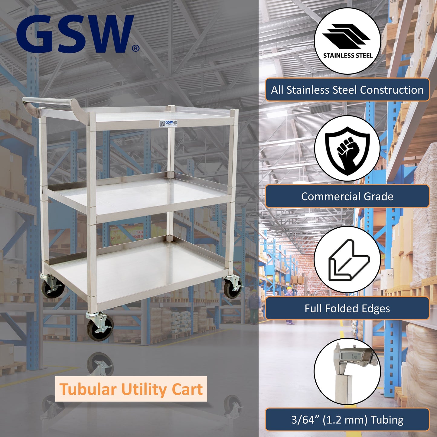 GSW C-32K Stainless Steel Solid 1-Inch Tubular Utility Cart with 4-3/4 Swivel Casters (29-1/4"W x 17-3/4"D x 35-1/2"H)