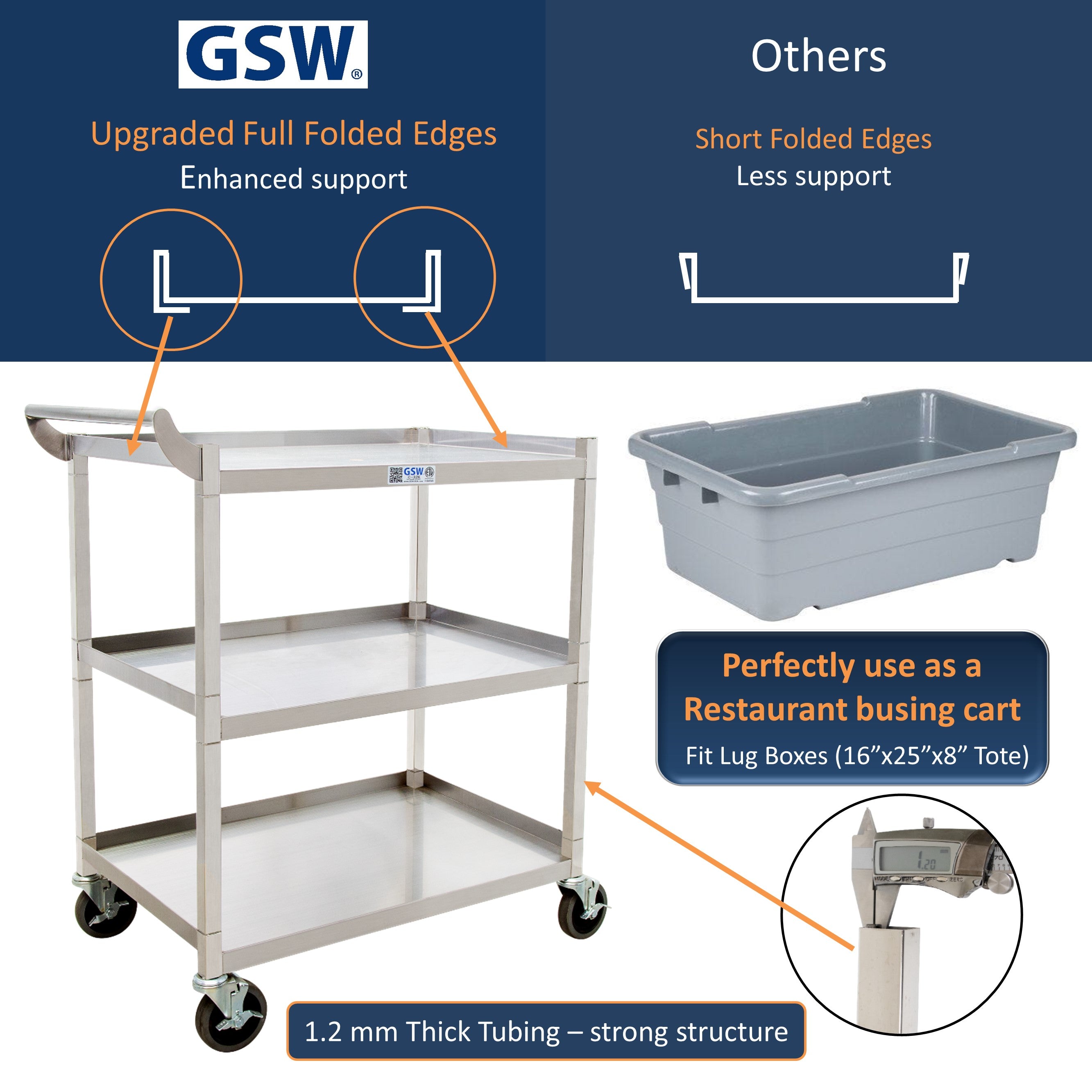 GSW C-32K Stainless Steel Solid 1-Inch Tubular Utility Cart with 4-3/4 Swivel Casters (29-1/4"W x 17-3/4"D x 35-1/2"H)