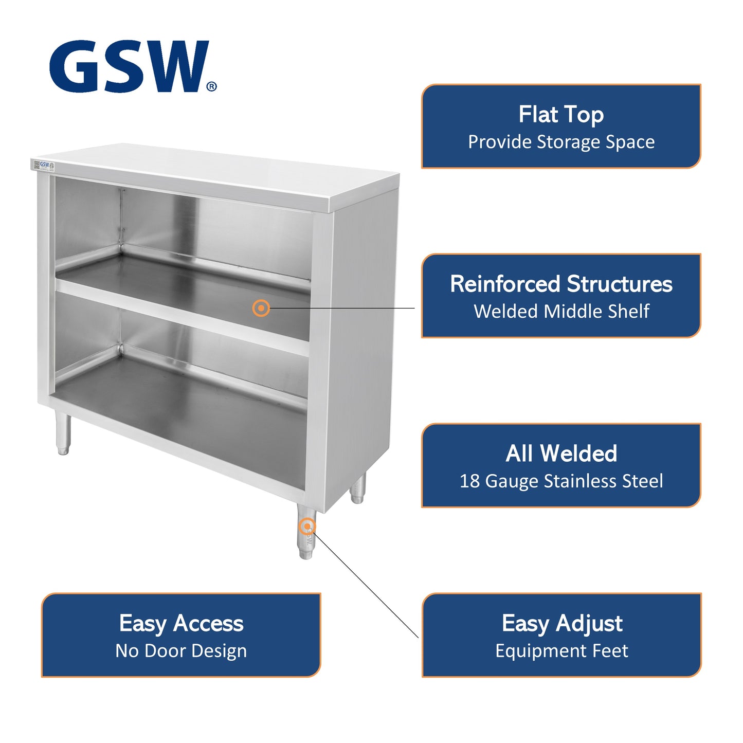 GSW 48" x 15" Flat Top All Stainless Steel Enclosed Work Table Cabinet - Open Front