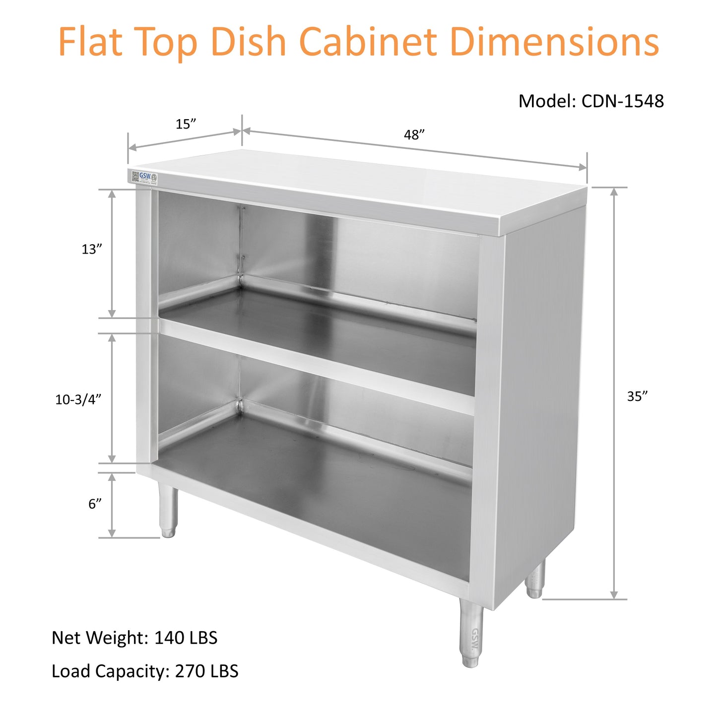 GSW 48" x 15" Flat Top All Stainless Steel Enclosed Work Table Cabinet - Open Front
