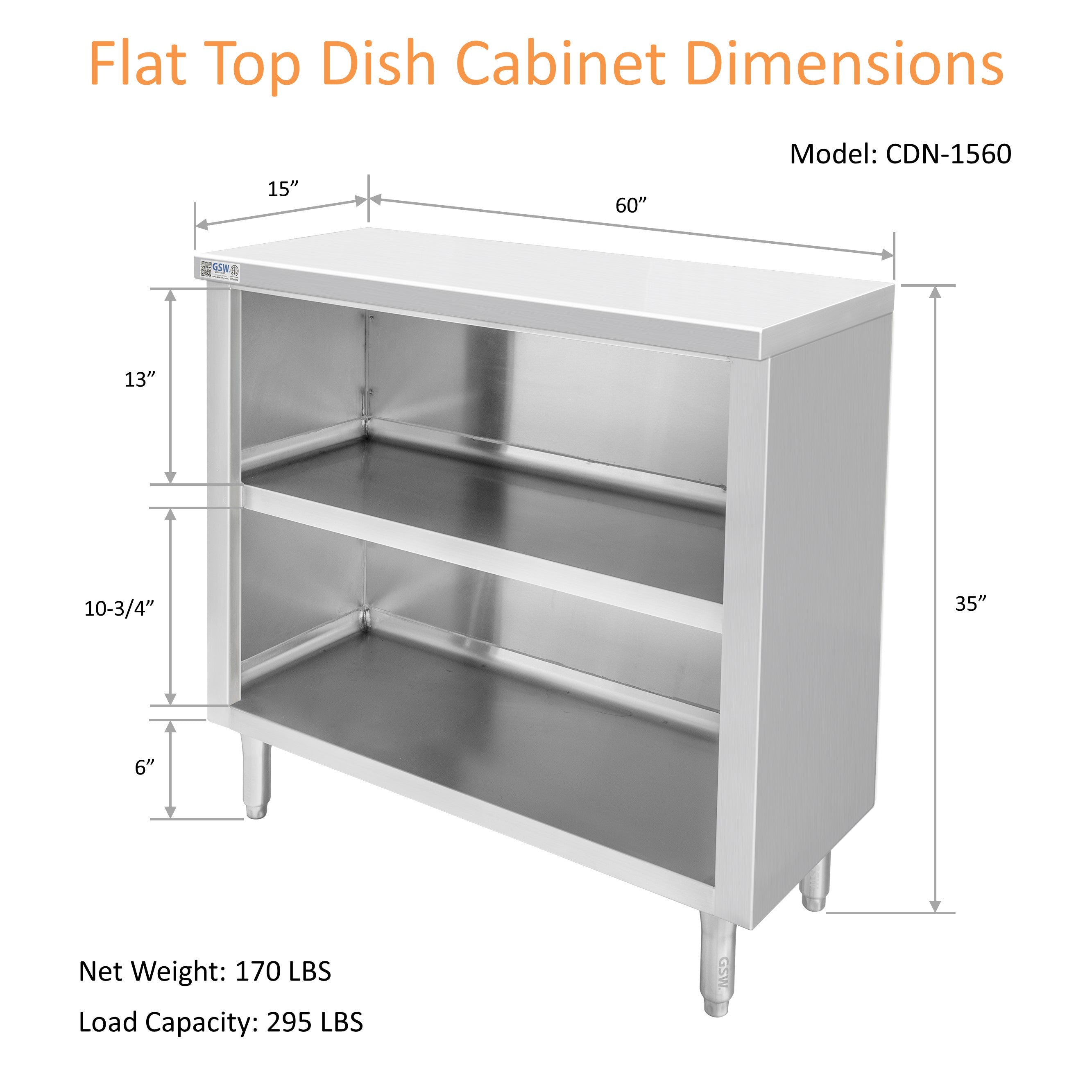 GSW 60" x 15" Flat Top All Stainless Steel Enclosed Work Table Cabinet - Open Front