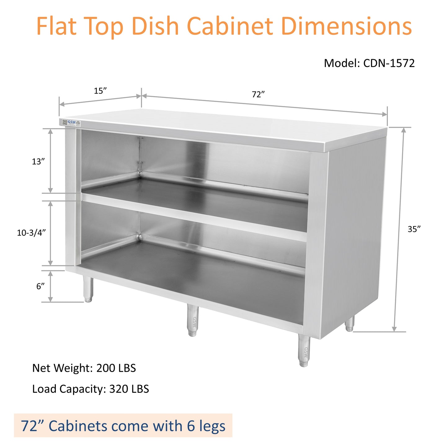 GSW 72" x 15" Flat Top All Stainless Steel Enclosed Work Table Cabinet - Open Front