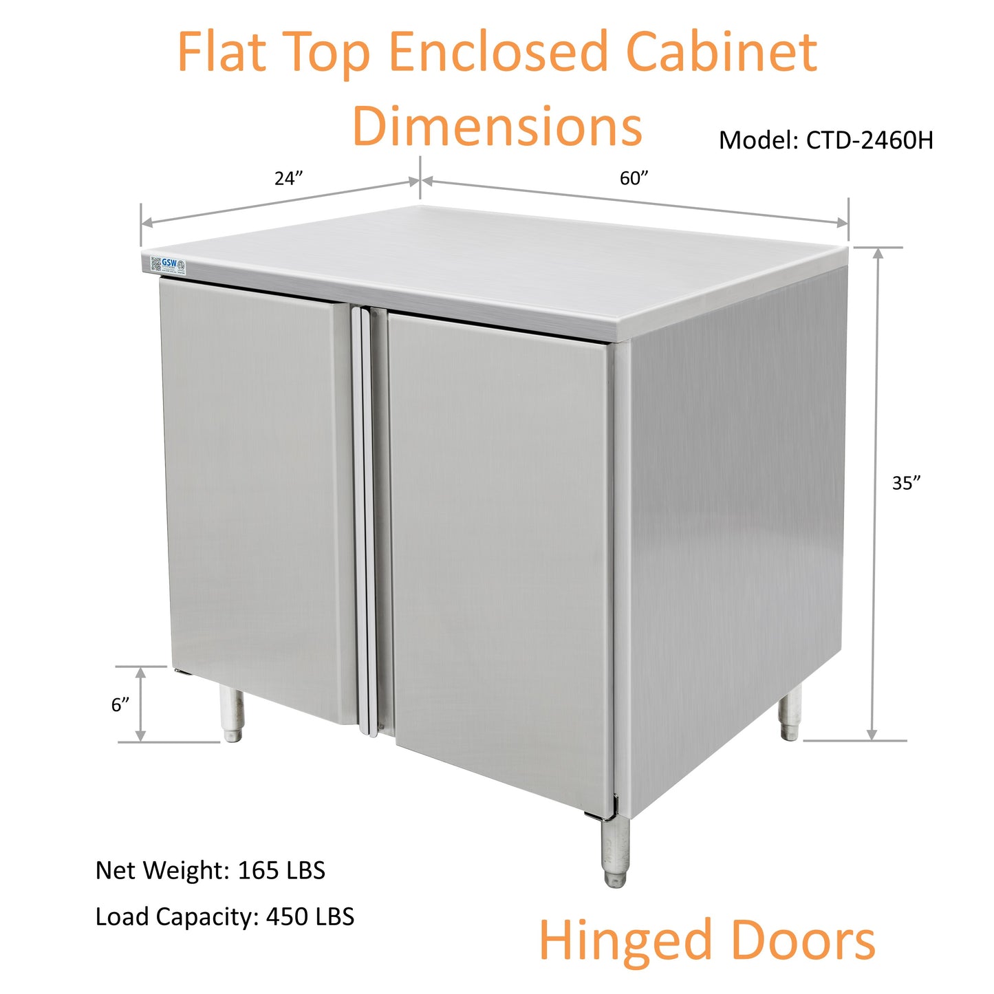 GSW 60" x 24" Flat Top All Stainless Steel Enclosed Work Table Cabinet - Hinged Doors