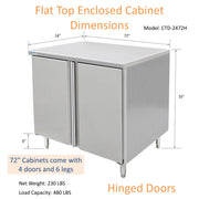 GSW 72" x 24" Flat Top All Stainless Steel Enclosed Work Table Cabinet - Hinged Doors