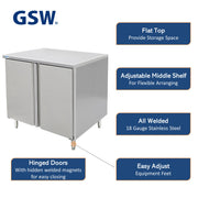 GSW 48" x 24" Flat Top All Stainless Steel Enclosed Work Table Cabinet - Hinged Doors