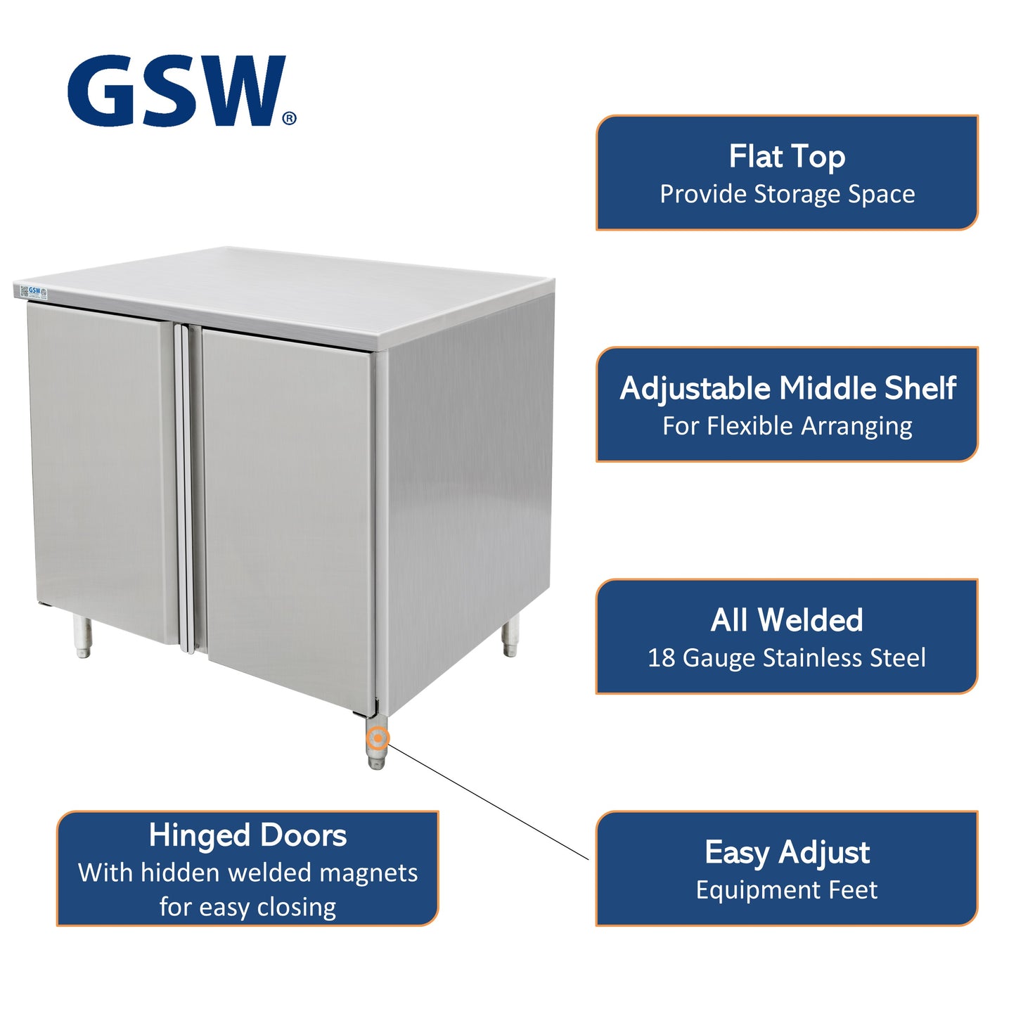 GSW 60" x 24" Flat Top All Stainless Steel Enclosed Work Table Cabinet - Hinged Doors