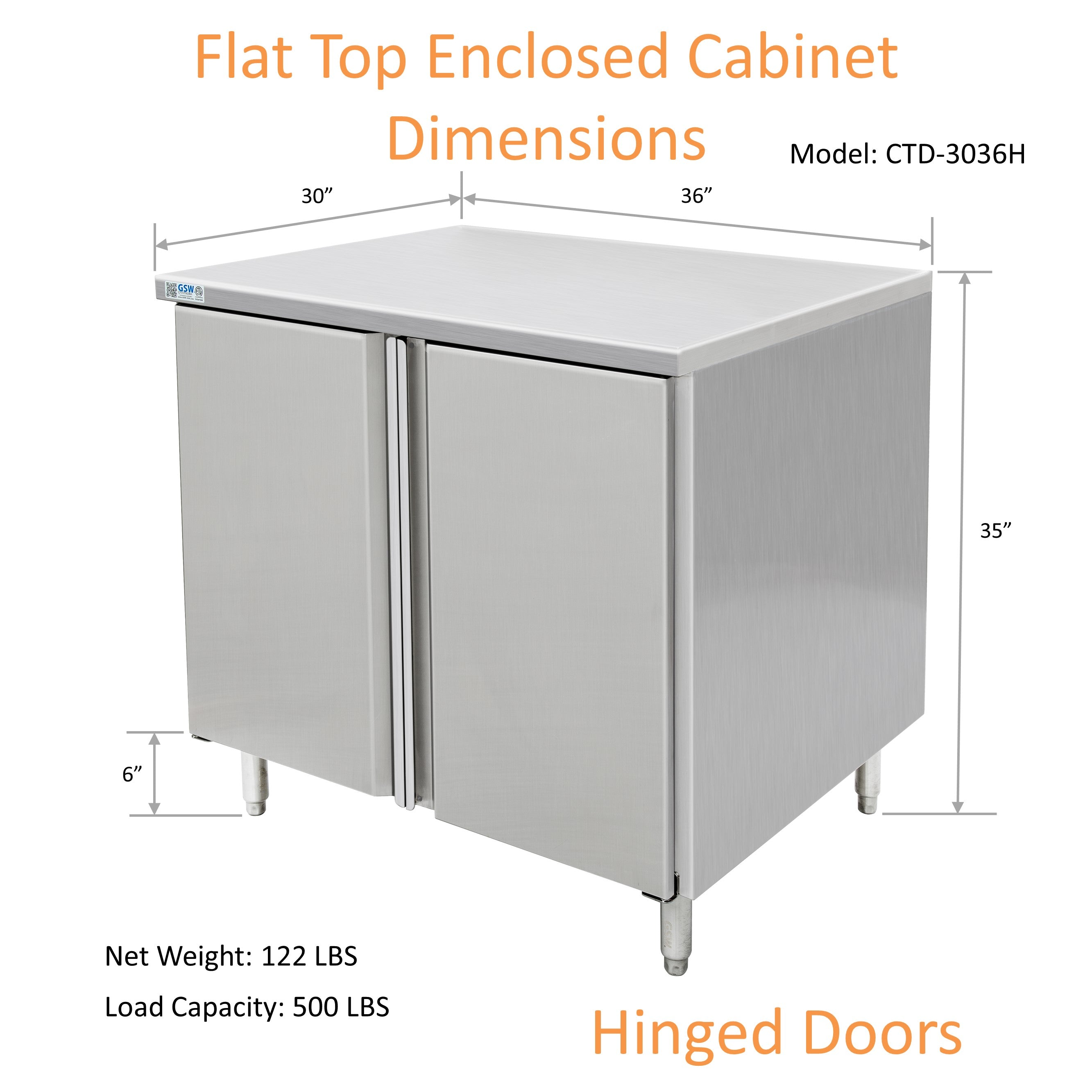 GSW 36" x 30" Flat Top All Stainless Steel Enclosed Work Table Cabinet - Hinged Doors