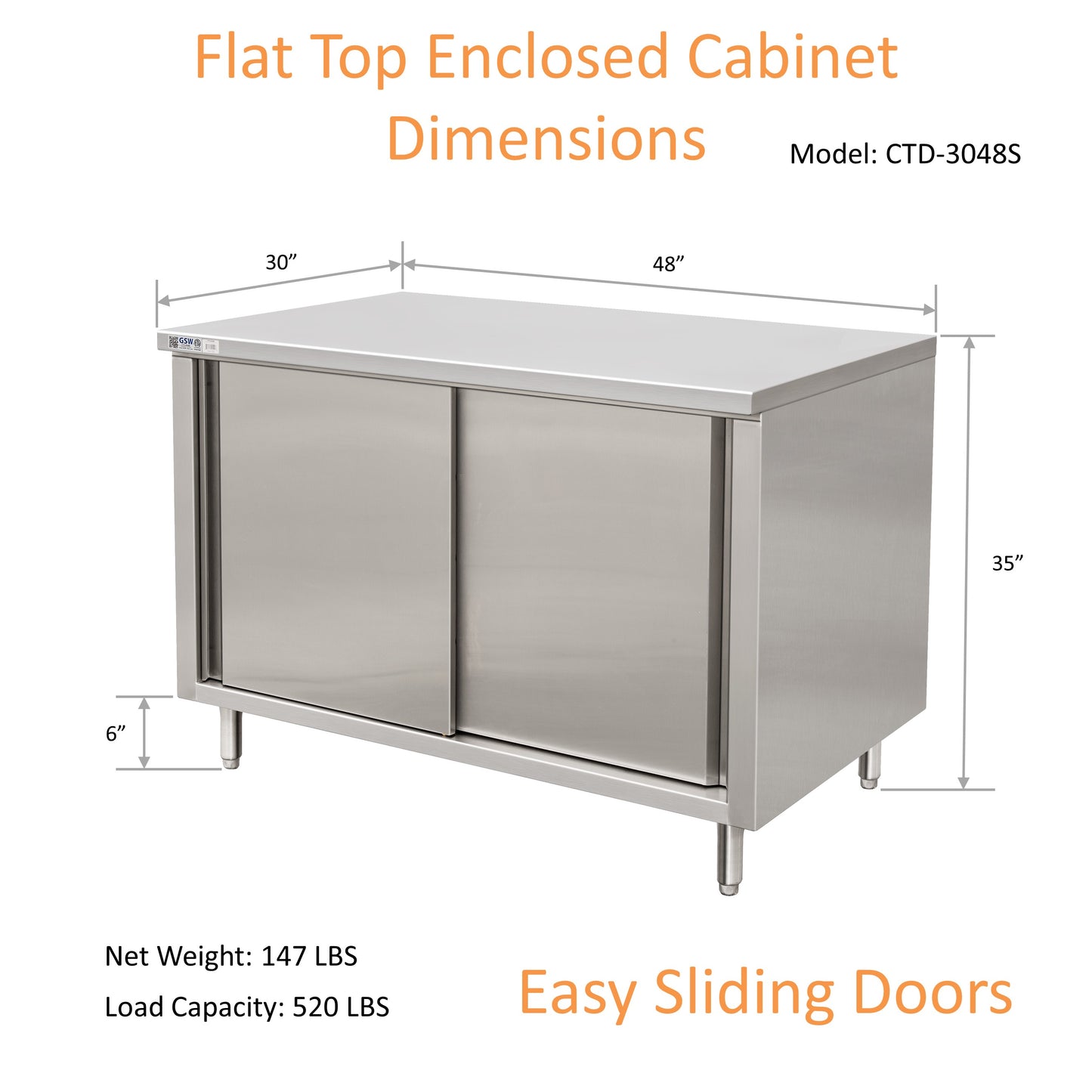 GSW 48" x 30" Flat Top All Stainless Steel Enclosed Work Table Cabinet - Sliding Doors