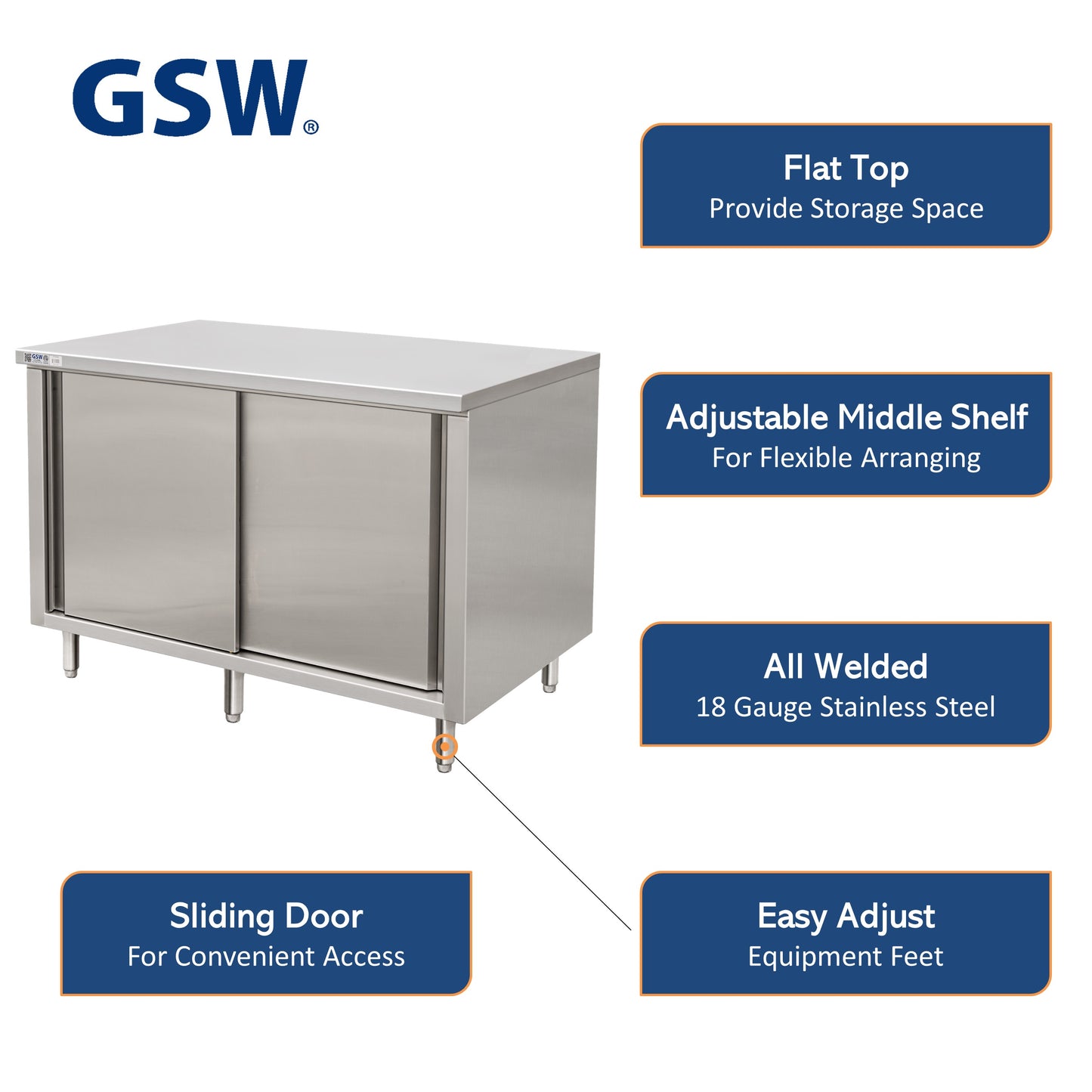 GSW 72" x 30" Flat Top All Stainless Steel Enclosed Work Table Cabinet - Sliding Doors