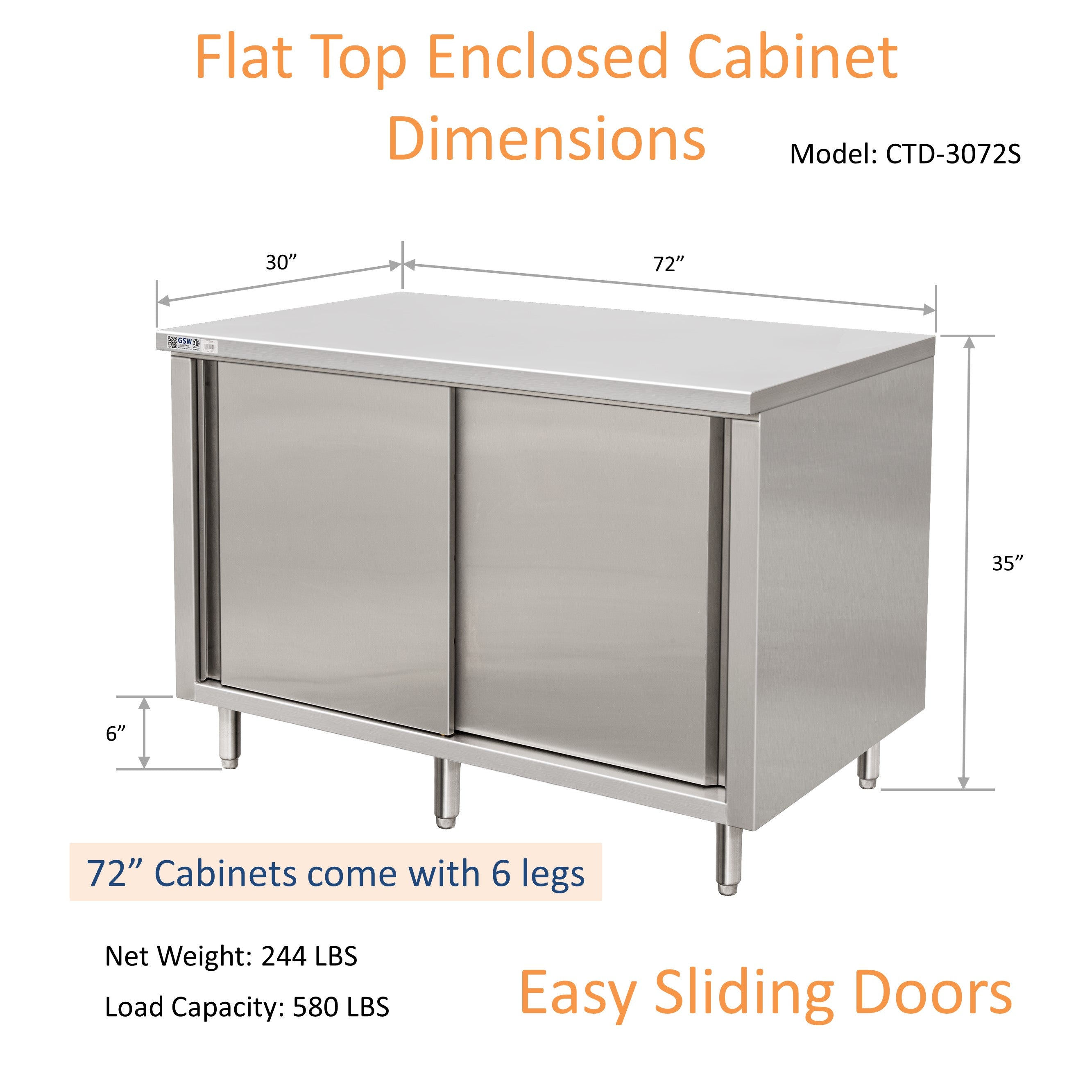 GSW 72" x 30" Flat Top All Stainless Steel Enclosed Work Table Cabinet - Sliding Doors