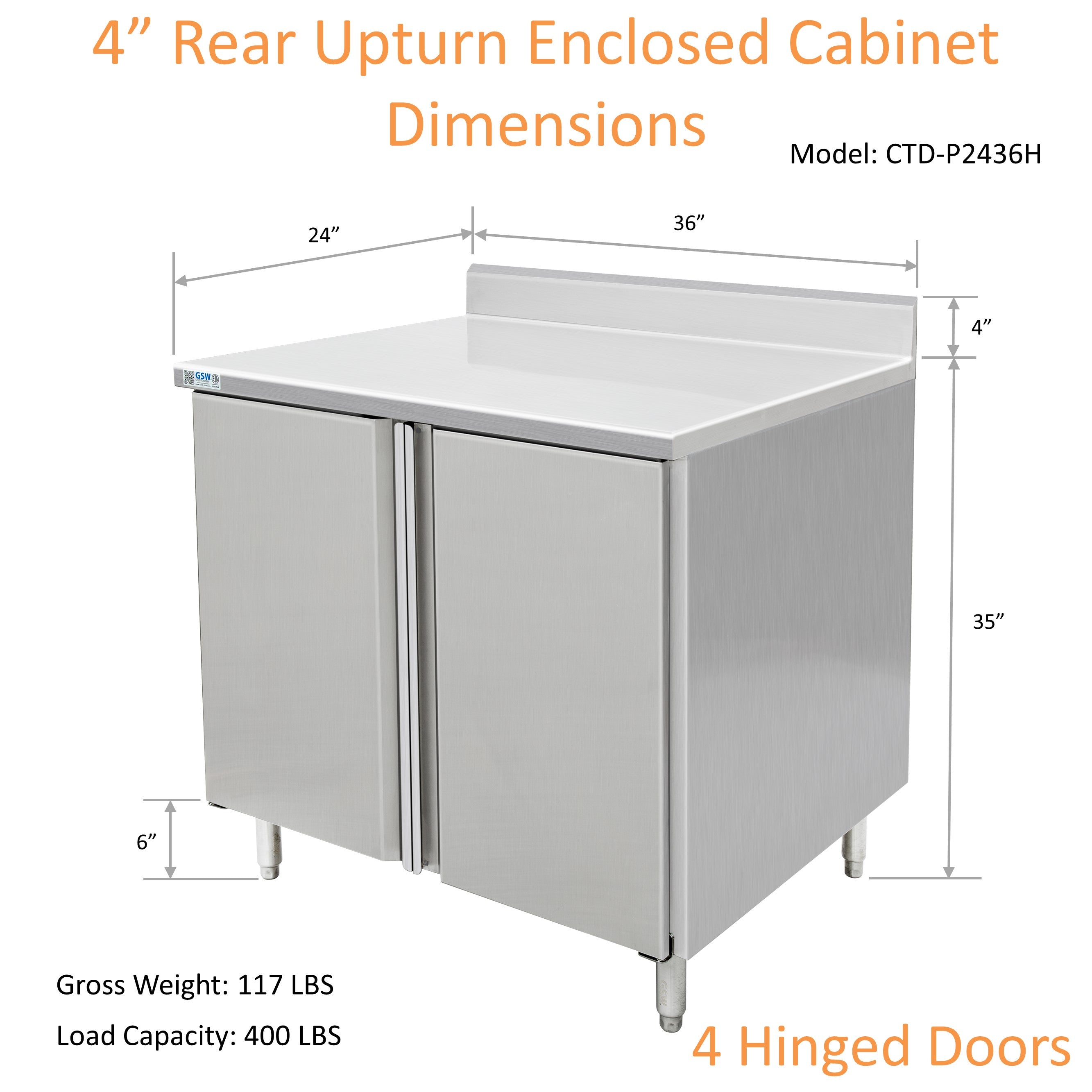 GSW 36" x 24" Stainless Steel Enclosed Work Table Cabinet - Hinged Doors, 4in Rear Upturn