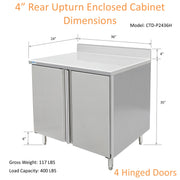 GSW 36" x 24" Stainless Steel Enclosed Work Table Cabinet - Hinged Doors, 4in Rear Upturn