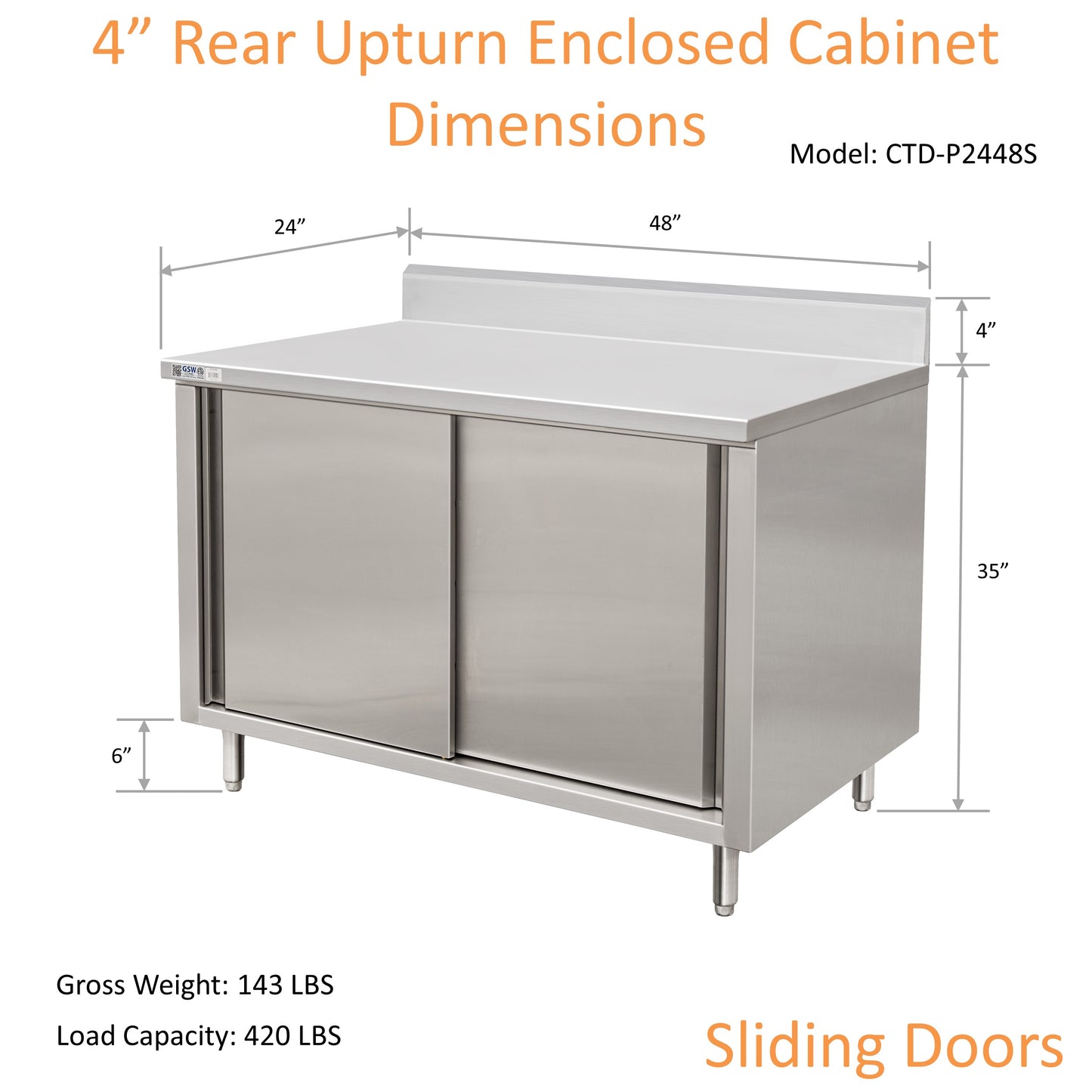 GSW 48" x 24" Stainless Steel Enclosed Work Table Cabinet - Sliding Doors, 4in Rear Upturn