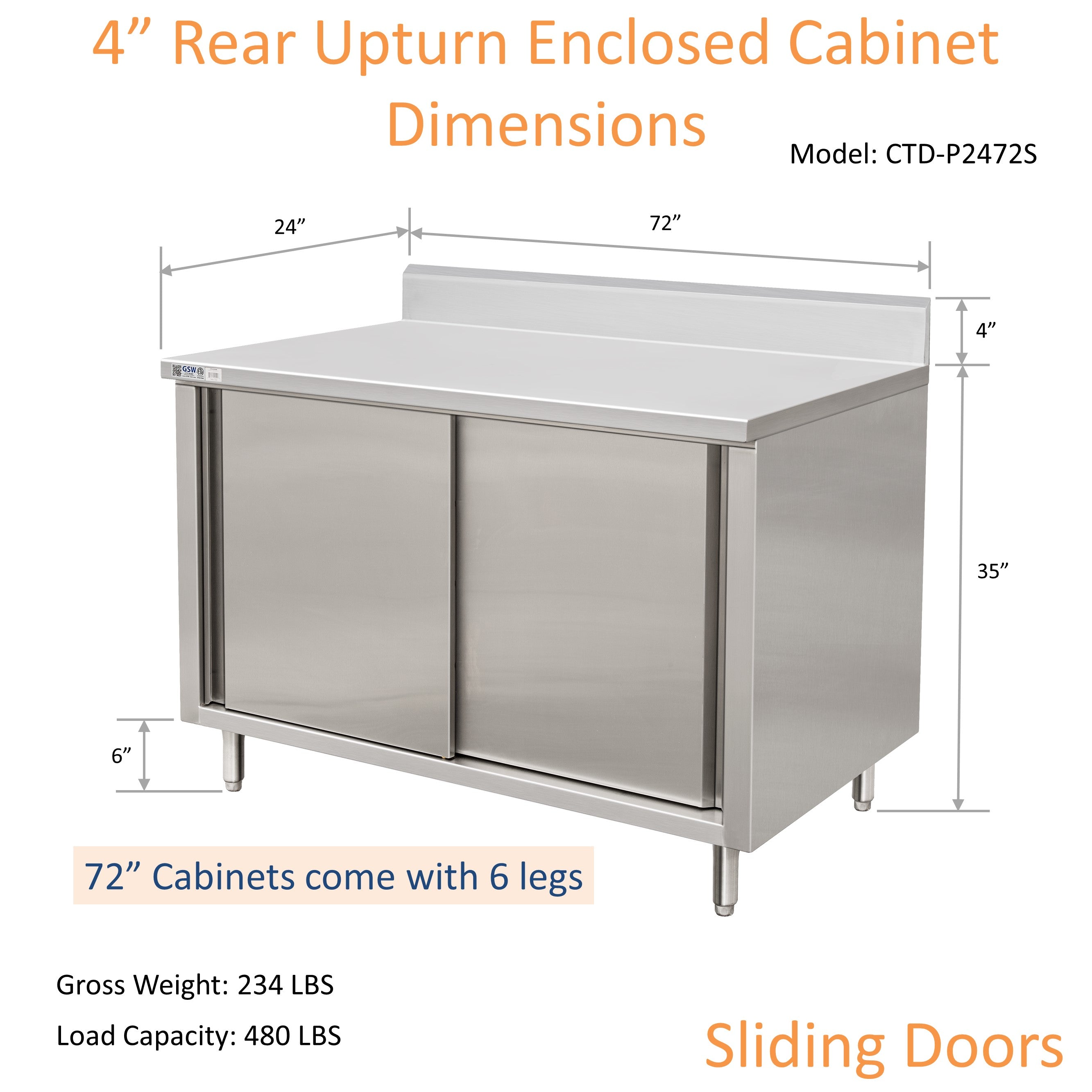 GSW 72" x 24" Stainless Steel Enclosed Work Table Cabinet - Sliding Doors, 4in Rear Upturn