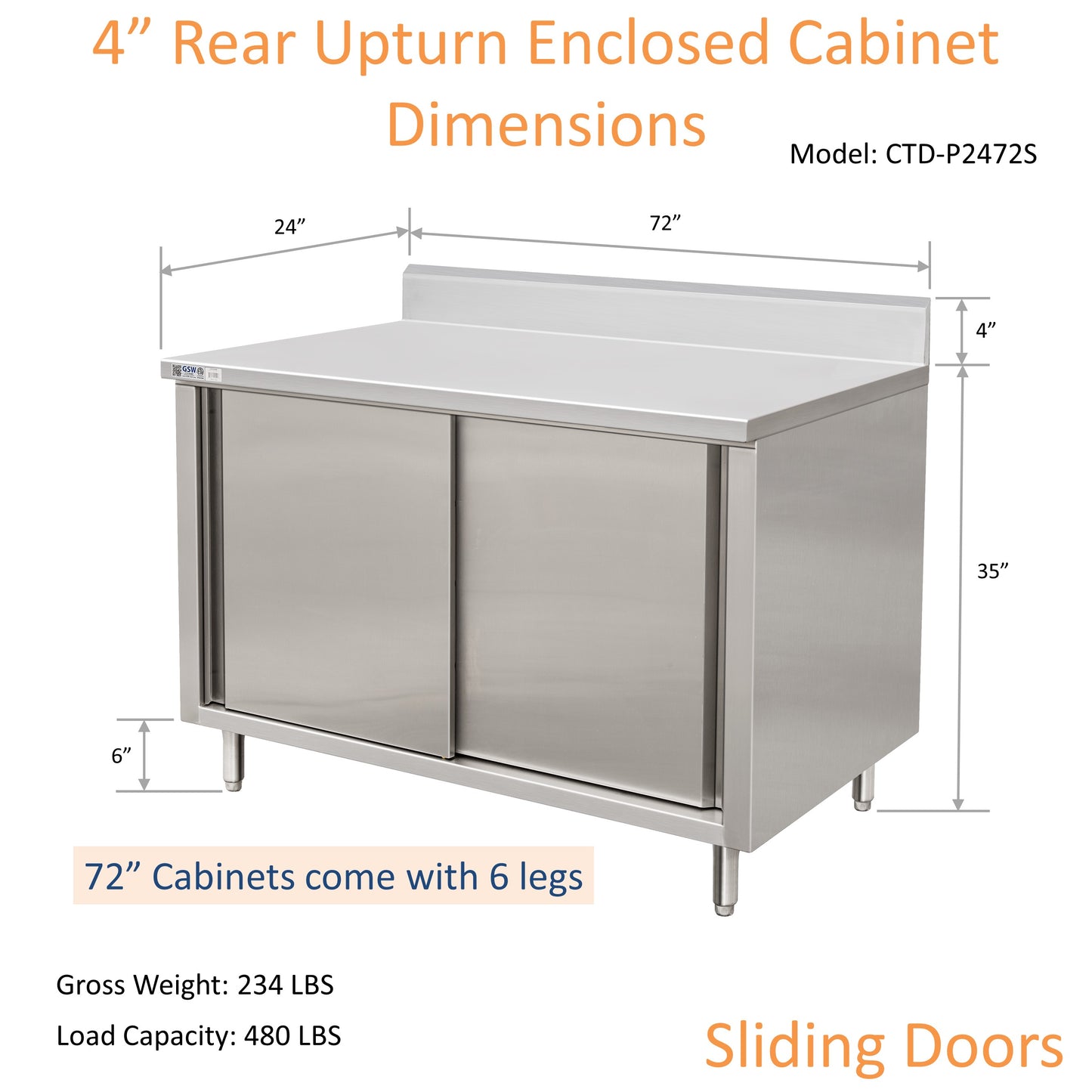 GSW 72" x 24" Stainless Steel Enclosed Work Table Cabinet - Sliding Doors, 4in Rear Upturn