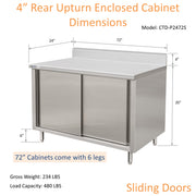 GSW 72" x 24" Stainless Steel Enclosed Work Table Cabinet - Sliding Doors, 4in Rear Upturn