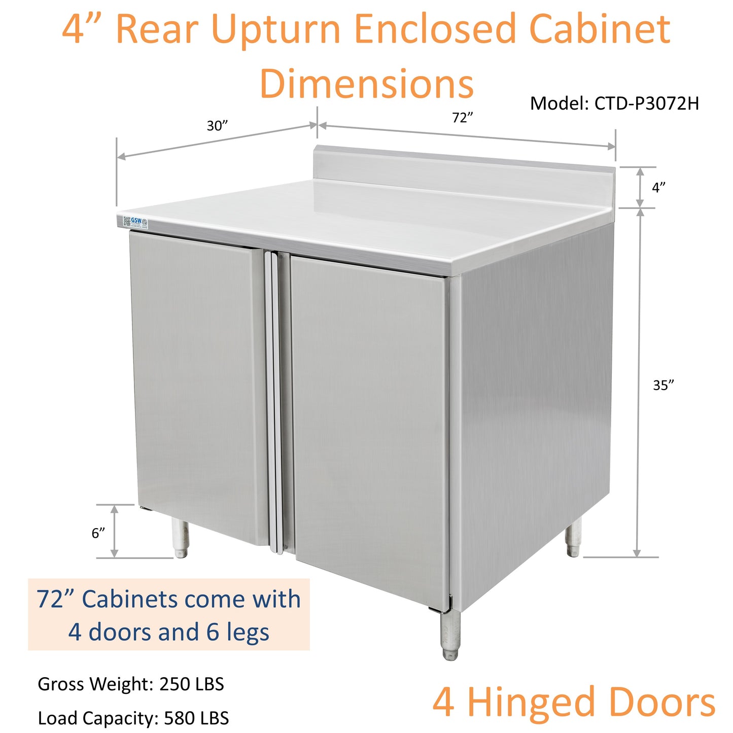 GSW 72" x 30" Stainless Steel Enclosed Work Table Cabinet - Hinged Doors, 4in Rear Upturn
