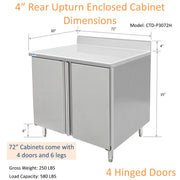 GSW 72" x 30" Stainless Steel Enclosed Work Table Cabinet - Hinged Doors, 4in Rear Upturn