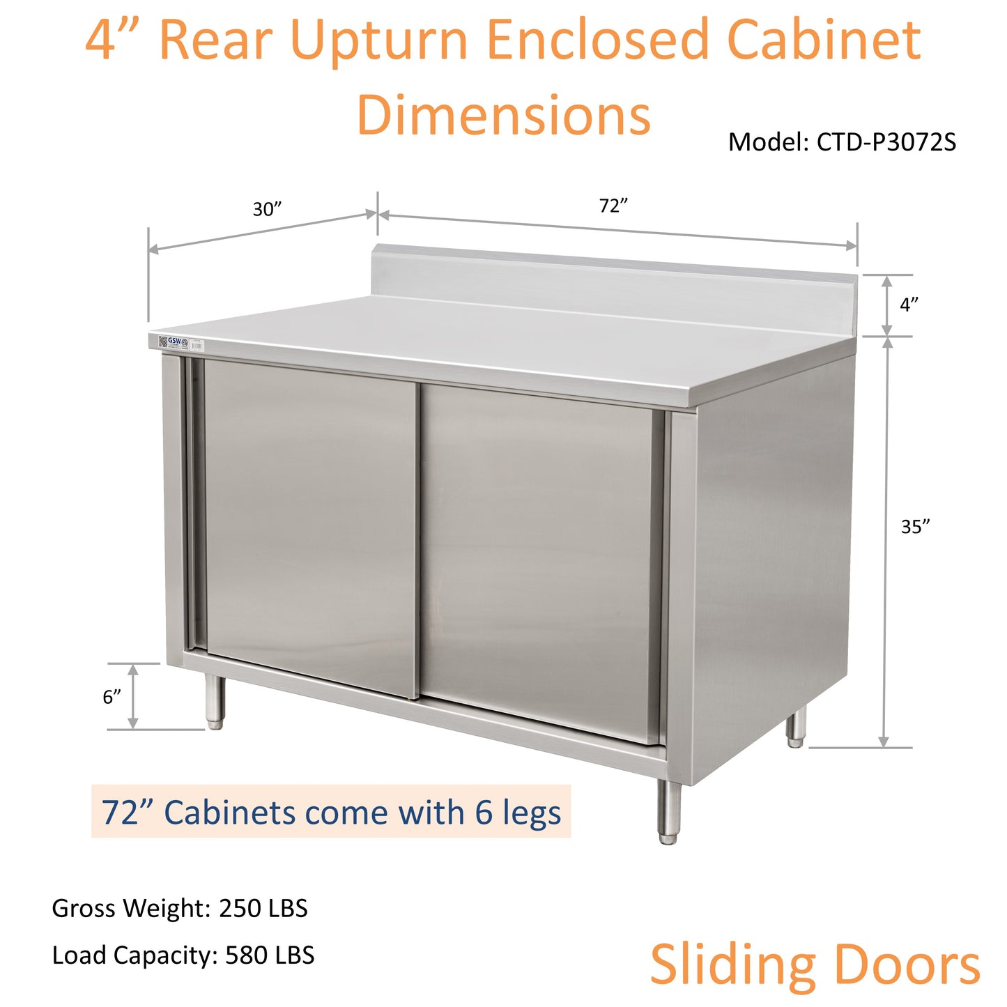 GSW 72" x 30" Stainless Steel Enclosed Work Table Cabinet - Sliding Doors, 4in Rear Upturn