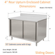 GSW 72" x 30" Stainless Steel Enclosed Work Table Cabinet - Sliding Doors, 4in Rear Upturn